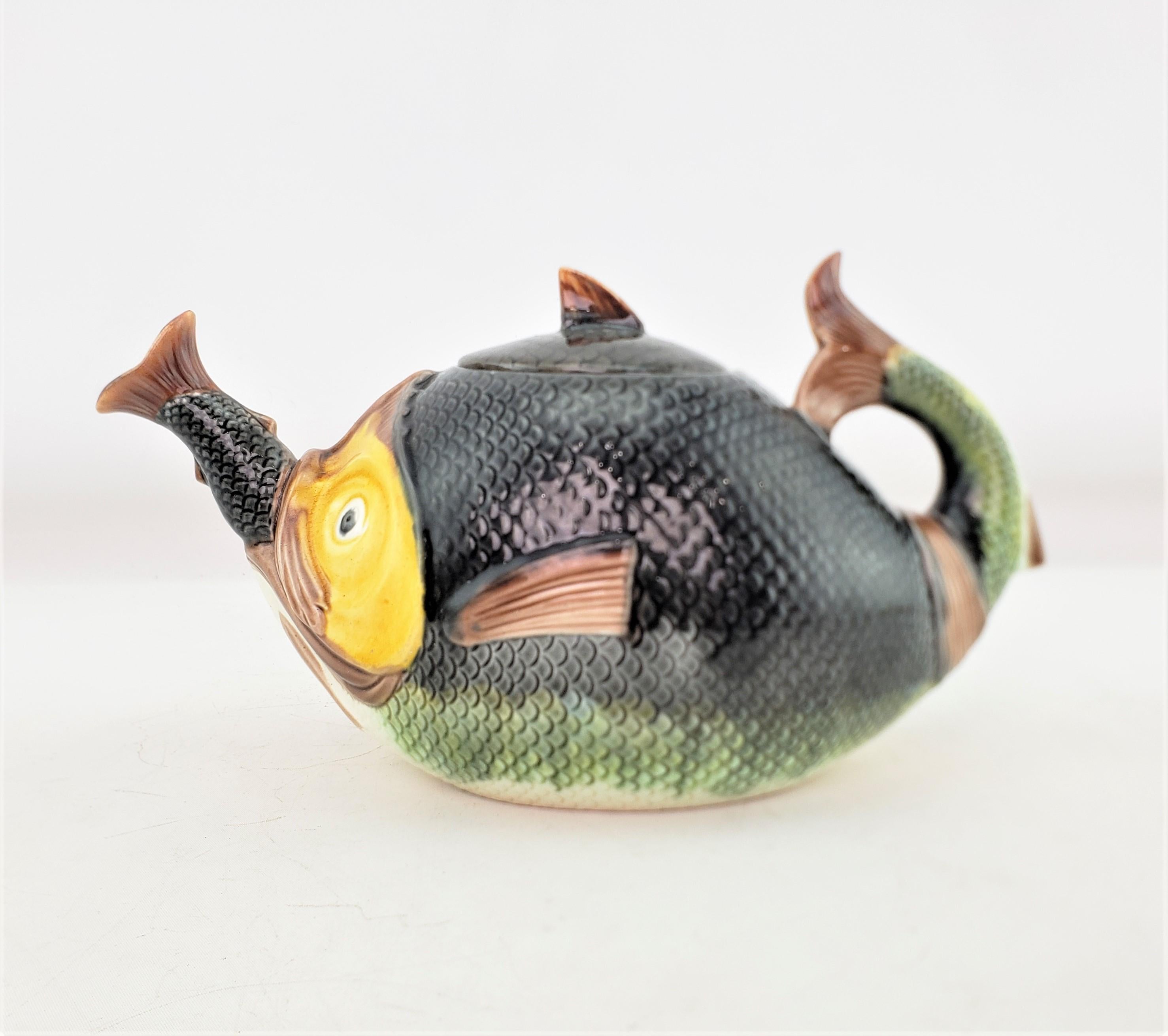 Art Deco Antique English Majolica Whimsical Figural Cannibalistic Fish Teapot For Sale
