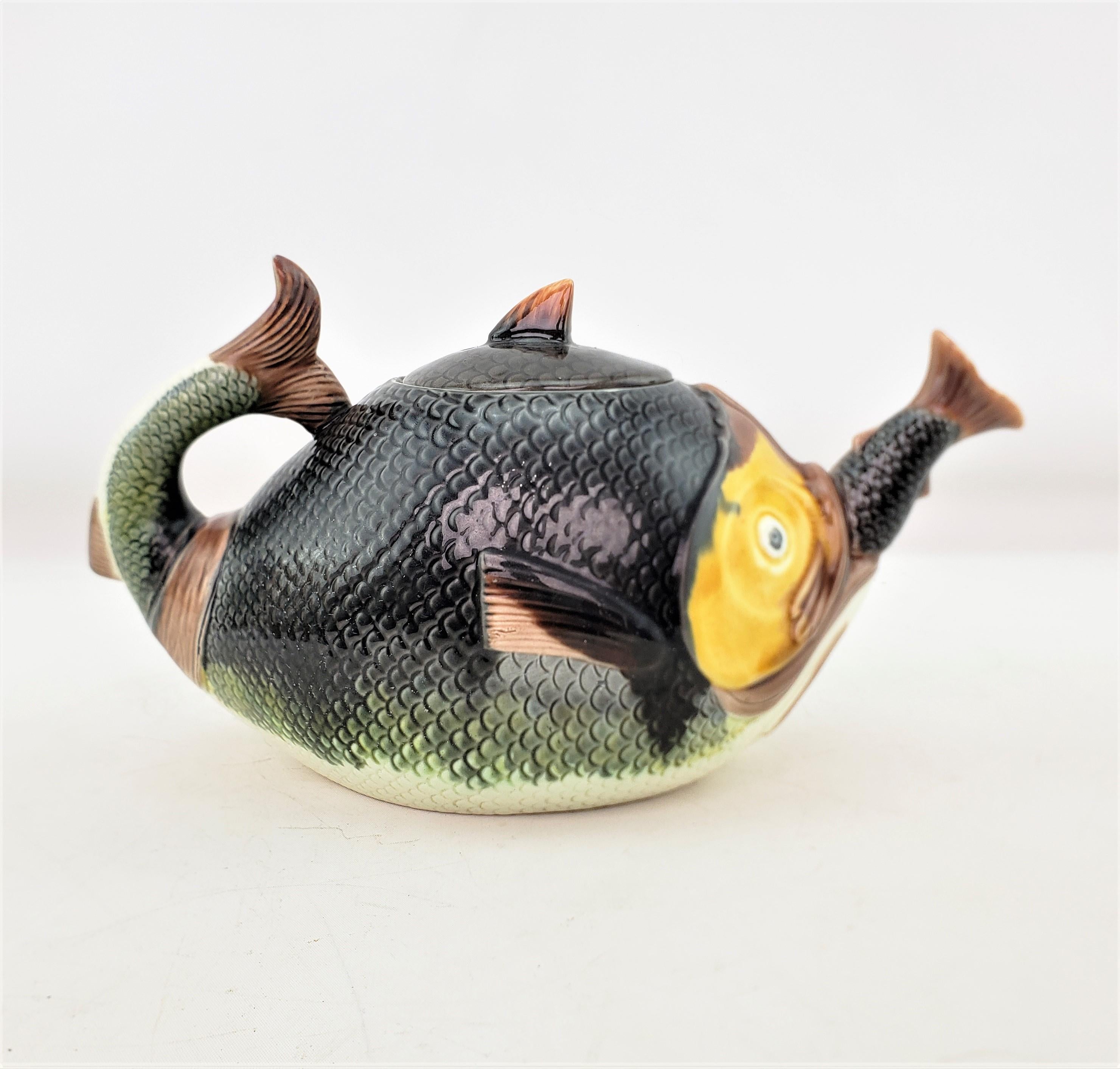 Molded Antique English Majolica Whimsical Figural Cannibalistic Fish Teapot For Sale