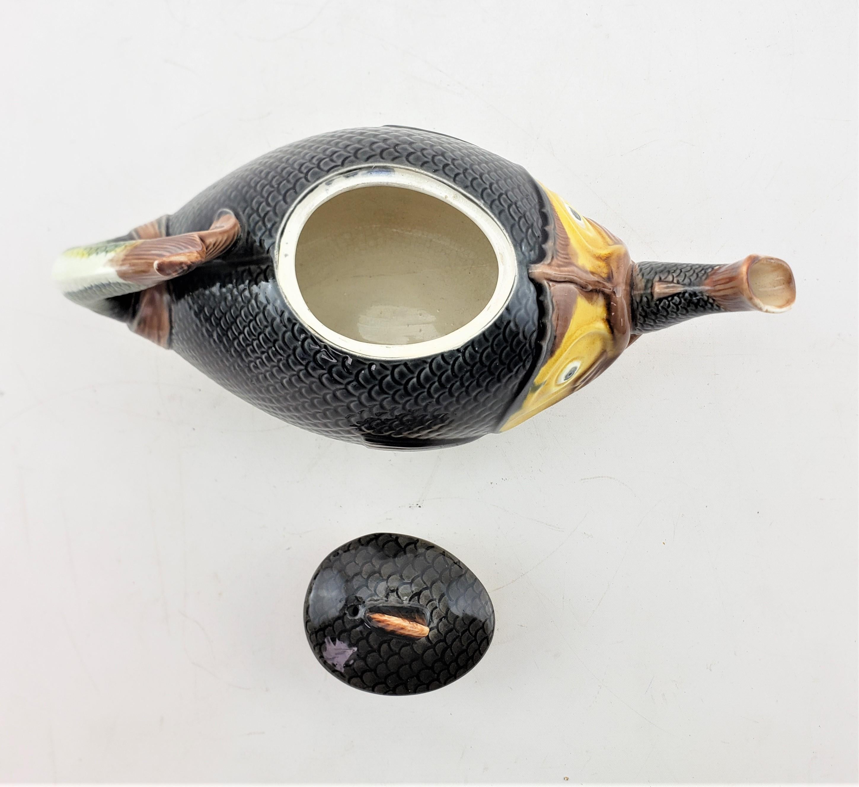 Ceramic Antique English Majolica Whimsical Figural Cannibalistic Fish Teapot For Sale