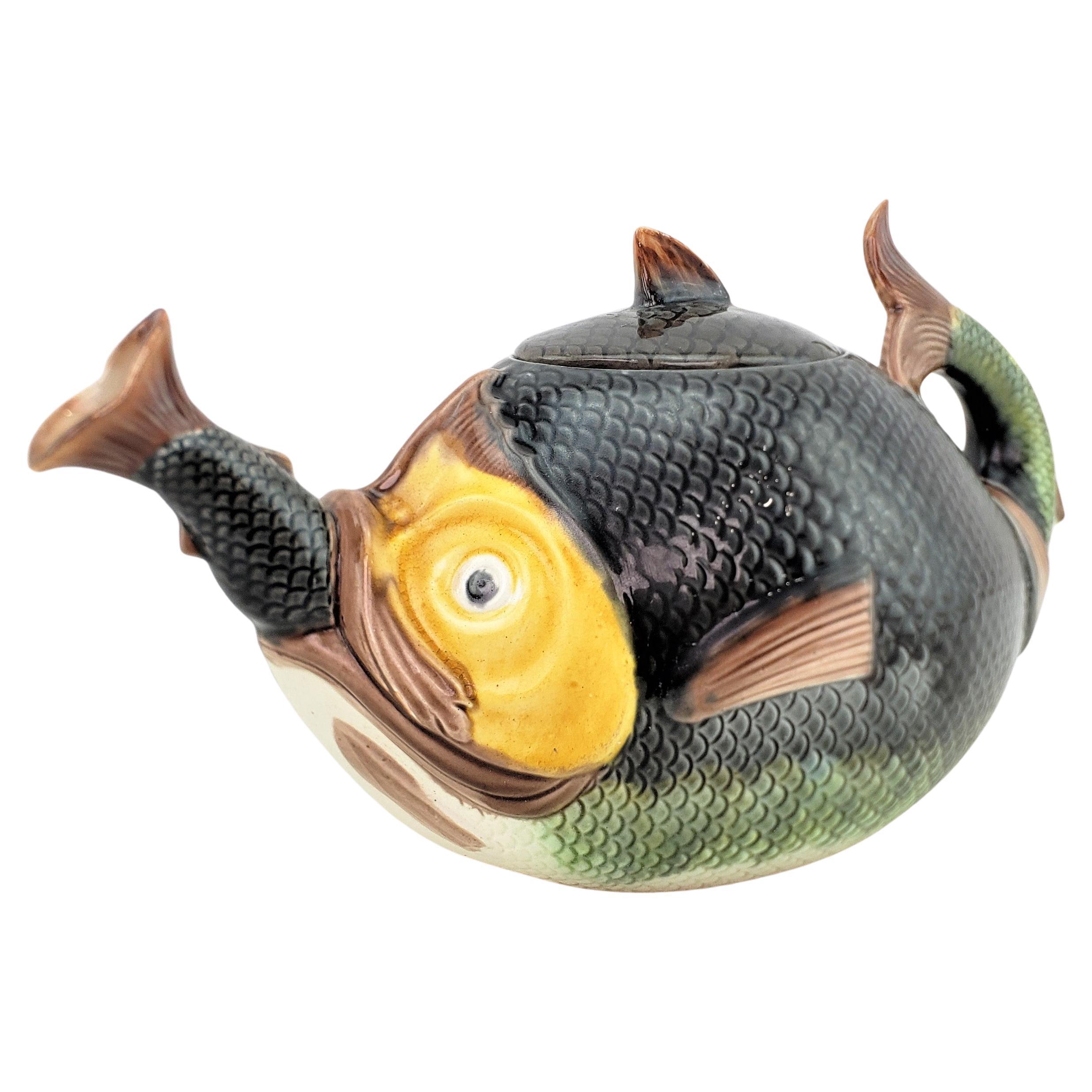 Antique English Majolica Whimsical Figural Cannibalistic Fish Teapot For Sale