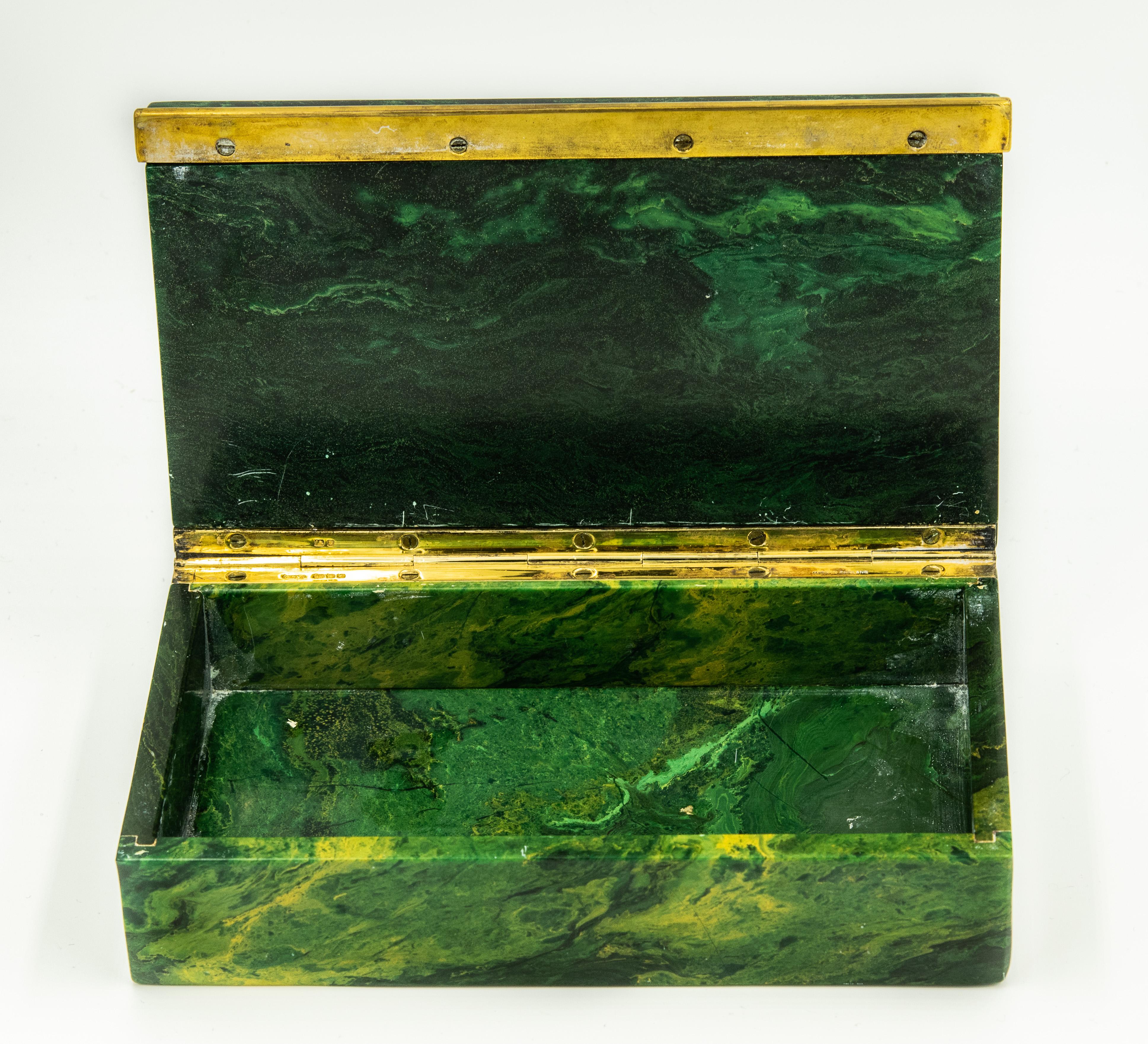 19th Century Antique English Malachite Gilt Sterling Cigarette Jewelry Box George Betjemann