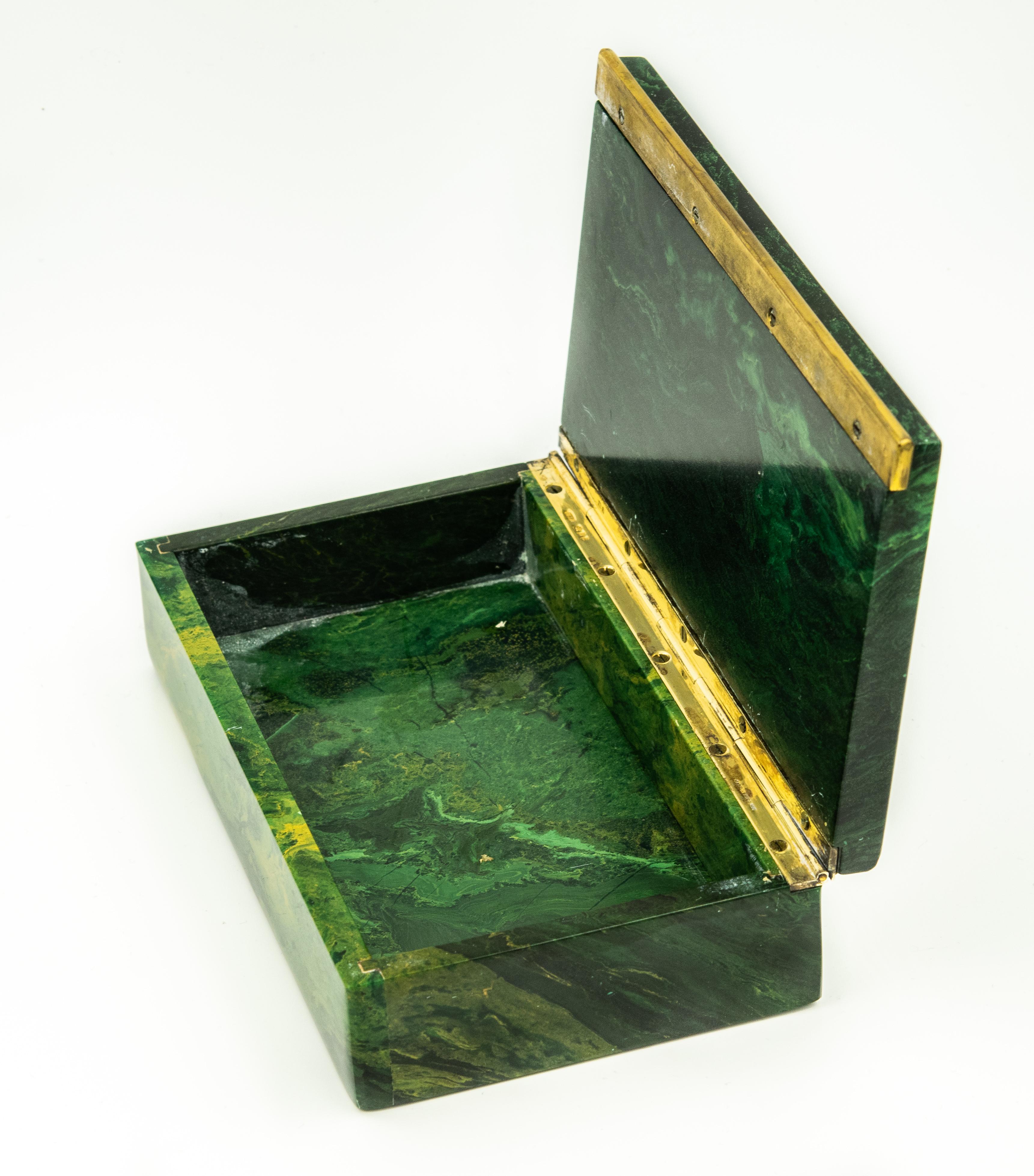 Silver Antique English Malachite Gilt Sterling Cigarette Jewelry Box George Betjemann