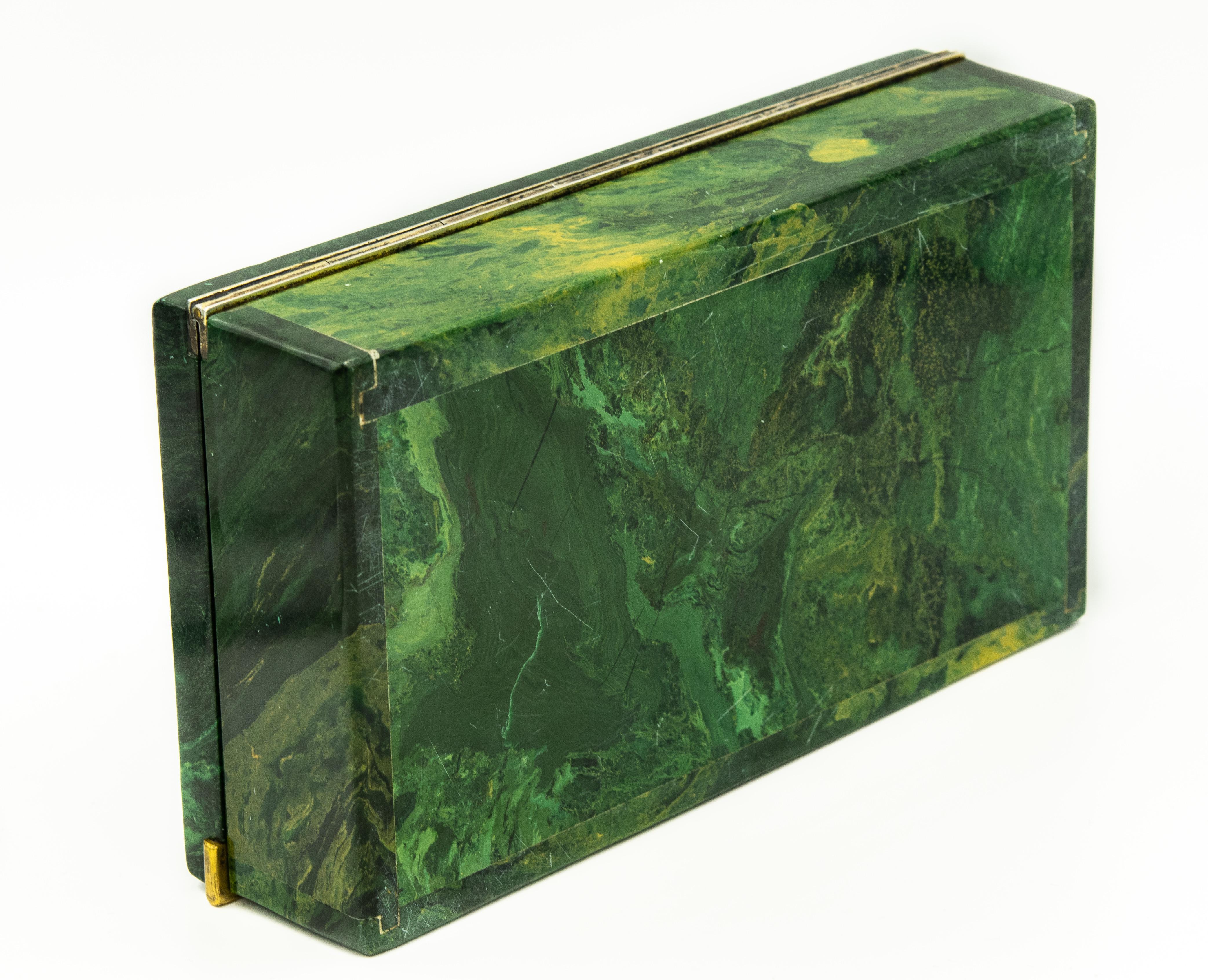 Antique English Malachite Gilt Sterling Cigarette Jewelry Box George Betjemann 1