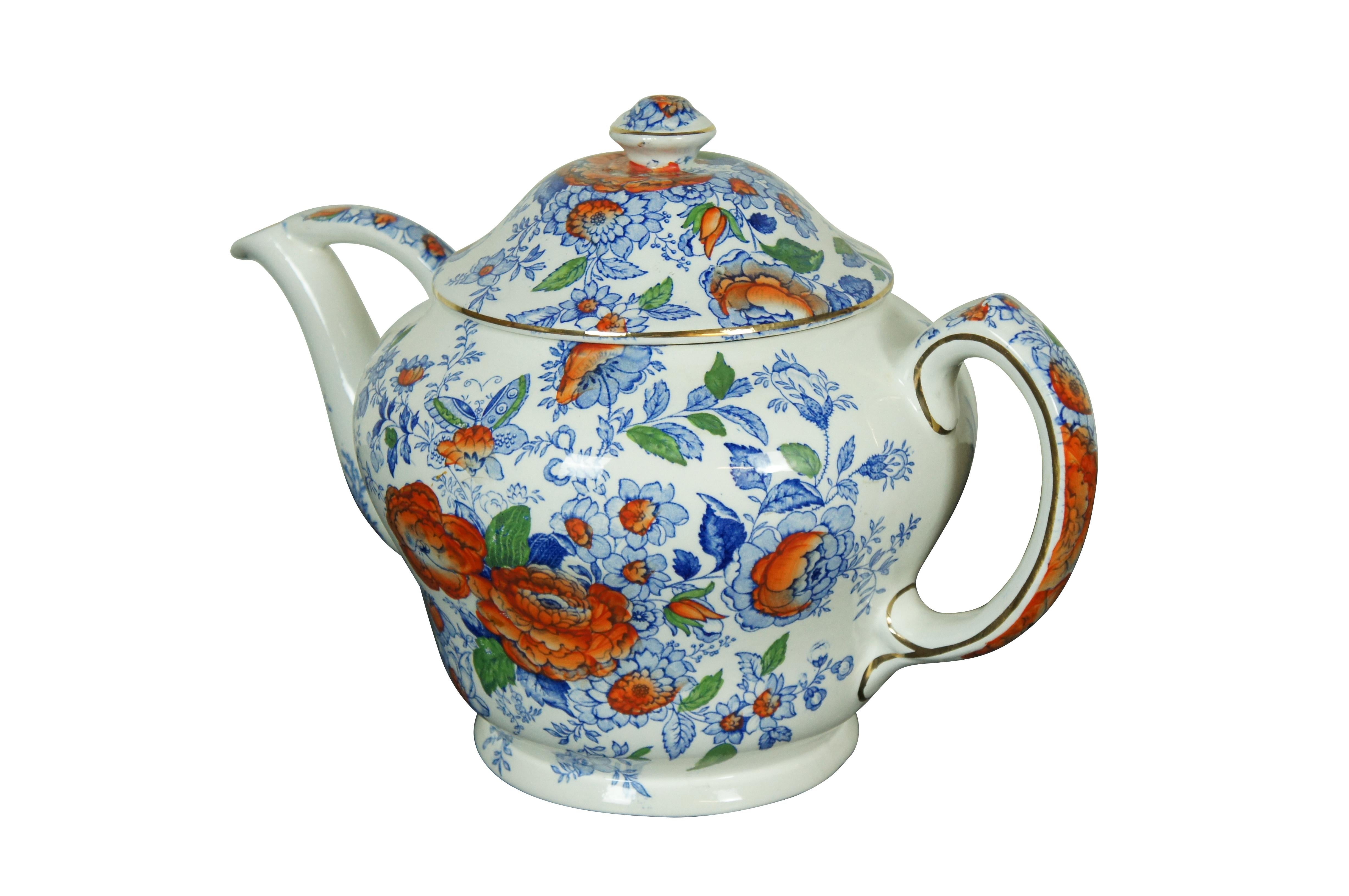 Antique English Maling Chinoiserie Floral Butterfly Bird Transferware Teapot 15