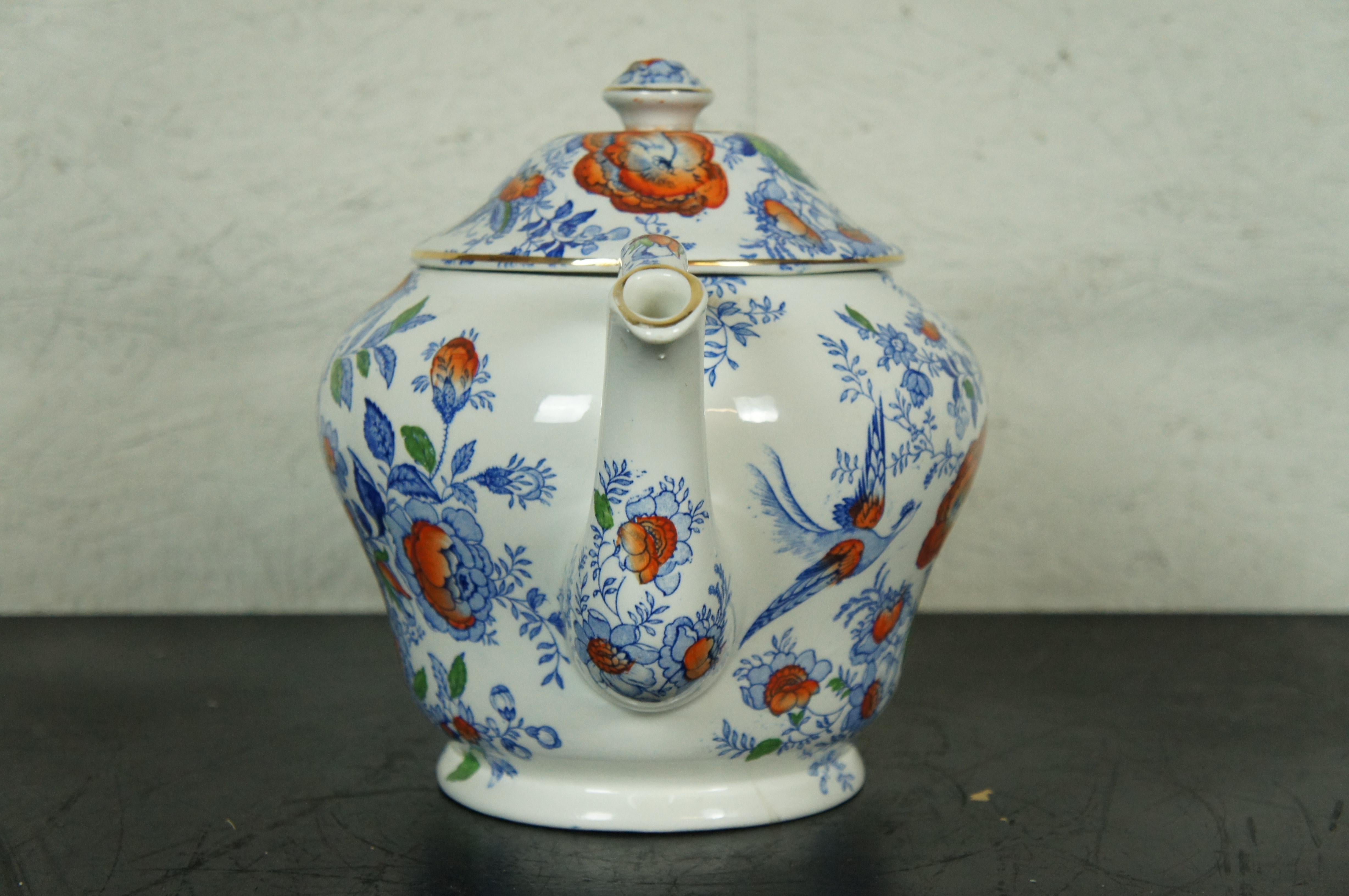 Antique English Maling Chinoiserie Floral Butterfly Bird Transferware Teapot 15