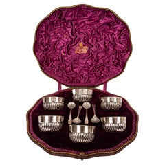 Antike englische Mappin & Webb Sterling Silber Salze & Löffel Set in Fall 1886