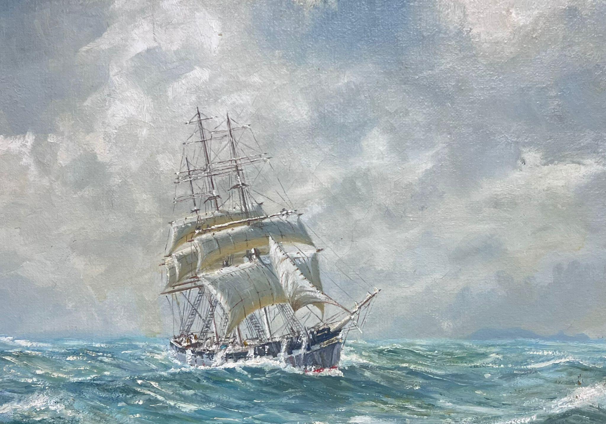1950's English Marine Oil Painting Three Masted Sailing Ships Choppy Seas - Gray Landscape Painting by Antique English Marine