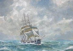 1950's English Marine Oil Painting Three Masted Sailing Ships Choppy Seas