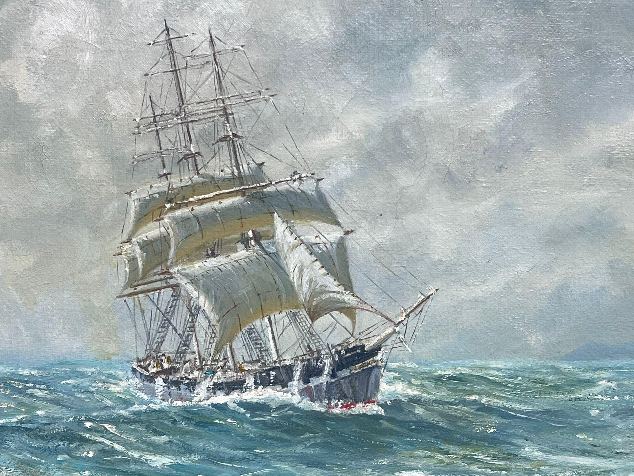 Peinture à l'huile de marine anglaise des années 1950, voiliers à trois mâts, mer agitée - Impressionnisme Painting par Antique English Marine