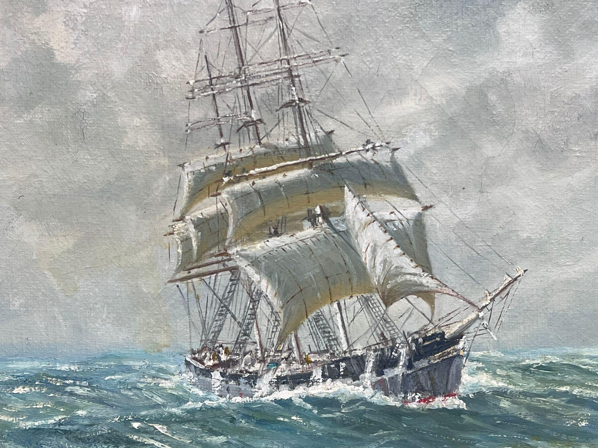 1950's English Marine Oil Painting Three Masted Sailing Ships Choppy Seas For Sale 2