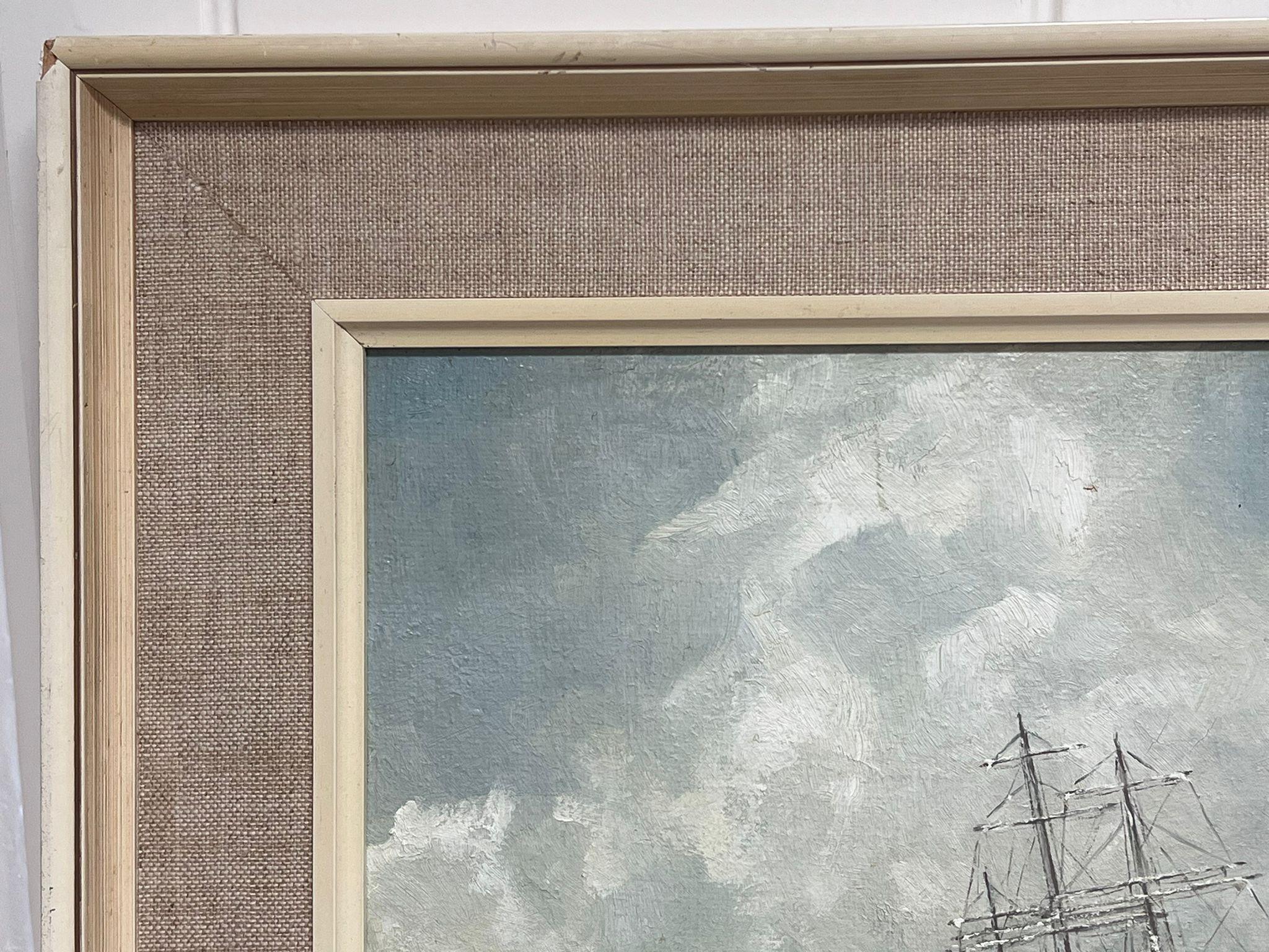 Peinture à l'huile de marine anglaise des années 1950, voiliers à trois mâts, mer agitée en vente 1