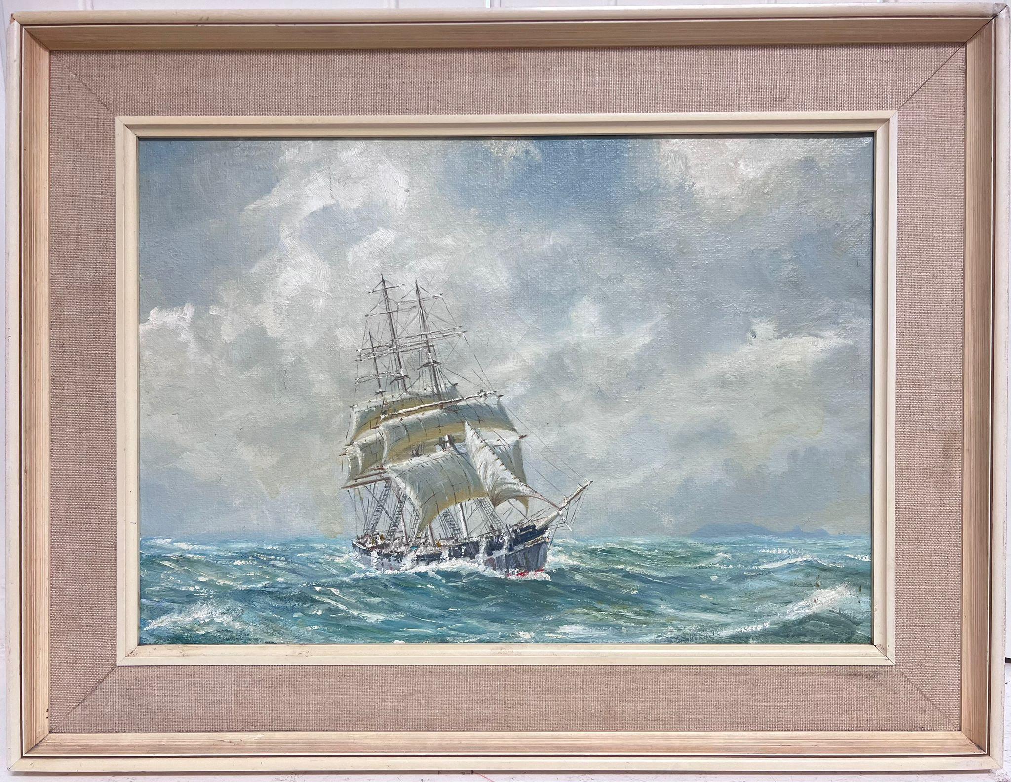 Landscape Painting Antique English Marine - Peinture à l'huile de marine anglaise des années 1950, voiliers à trois mâts, mer agitée