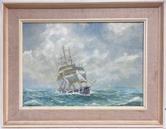 1950's English Marine Oil Painting Three Masted Sailing Ships Choppy Seas
