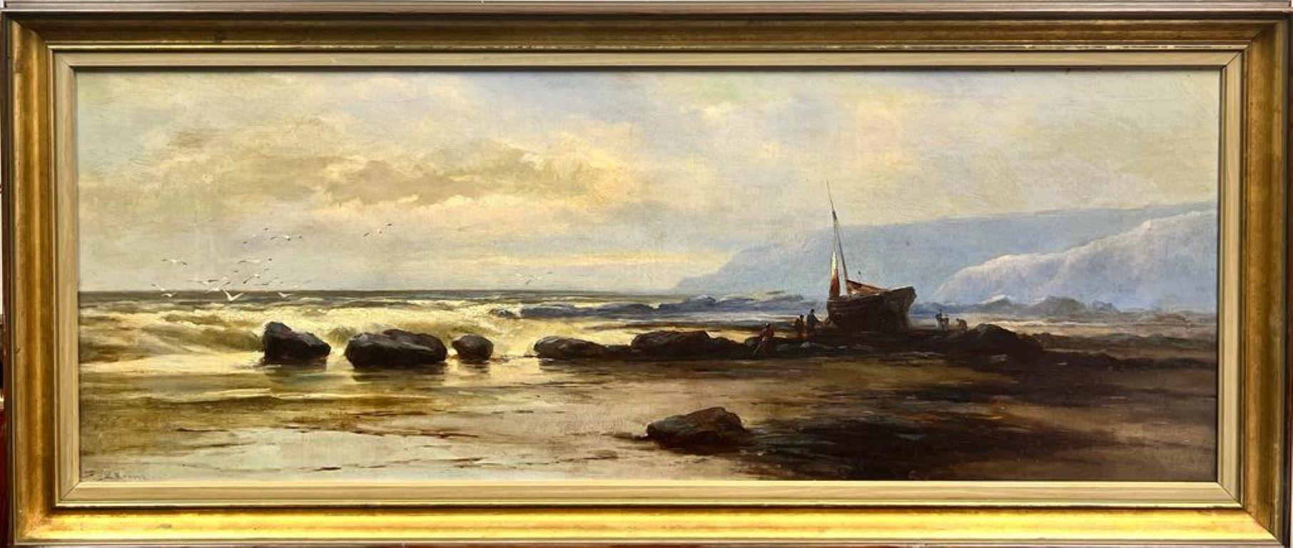 Fishermen with Boats on the Windswept Coastline Shore Antique English Oil  - Painting by Antique English Marine