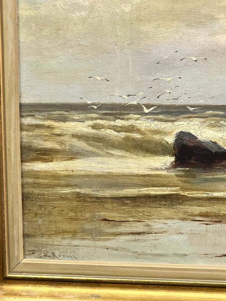 Fishermen with Boats on the Windswept Coastline Shore Antique English Oil  - Victorian Painting by Antique English Marine