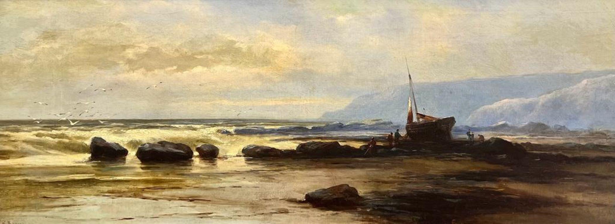 Antique English Marine Landscape Painting - Fishermen with Boats on the Windswept Coastline Shore Antique English Oil 