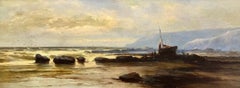 Fishermen with Boats on the Windswept Coastline Shore Antique English Oil 