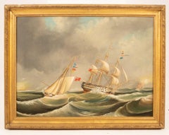 Large 19th Century British Oil Painting Naval Battle Ship in Stormy Seas