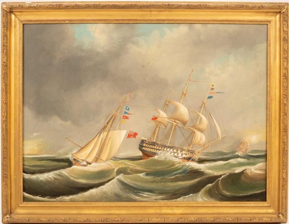 Antique English Marine Landscape Painting - Large 19th Century British Oil Painting Naval Battle Ship in Stormy Seas