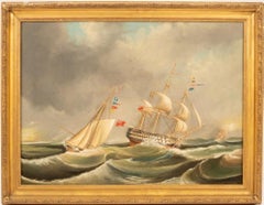 Gran óleo británico del siglo XIX Barco de combate naval en mares tormentosos