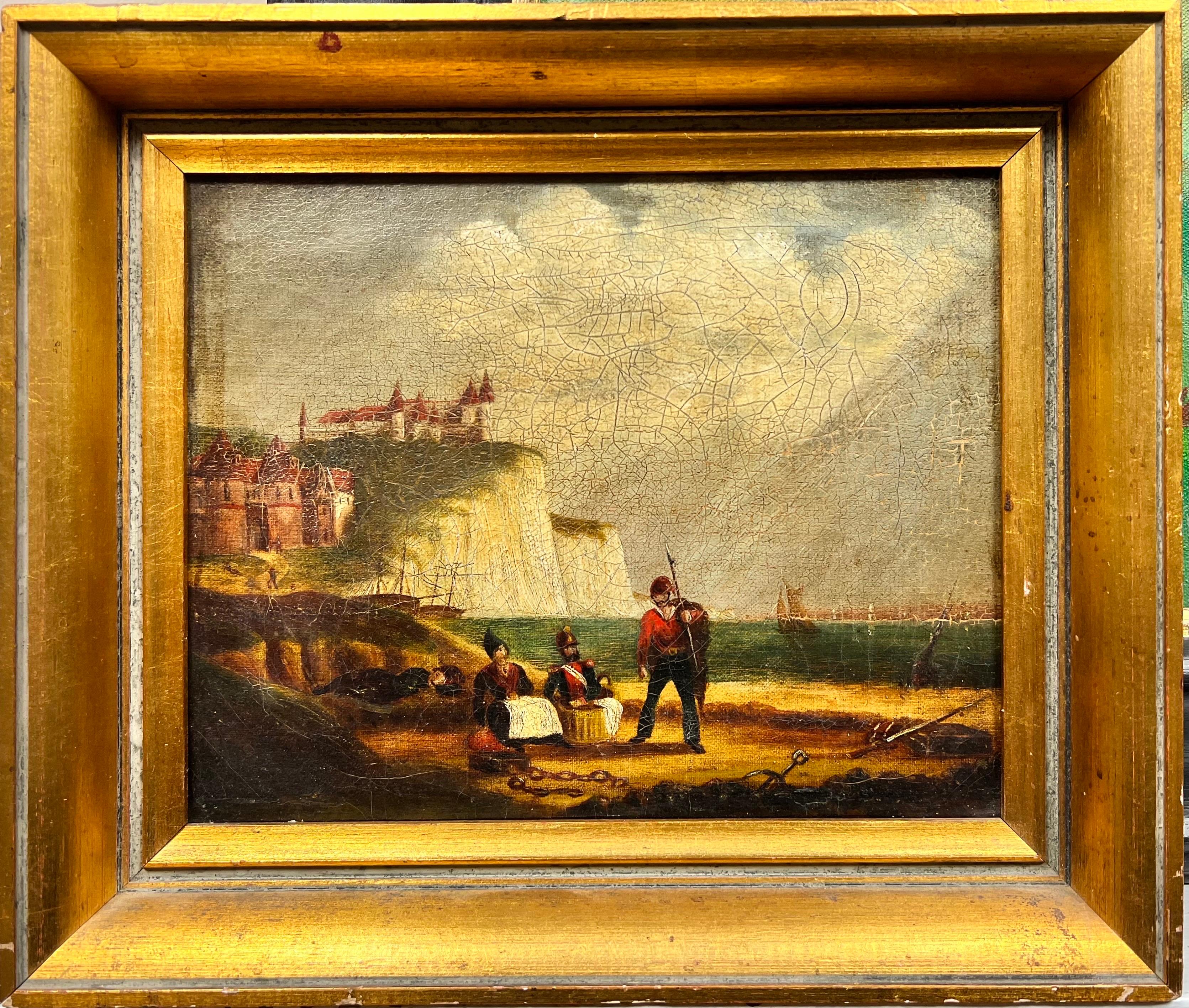 Guerres Napoléoniennes Période Marine 1800''s Peinture à l'huile Soldats sur la plage française - Painting de Antique English Marine
