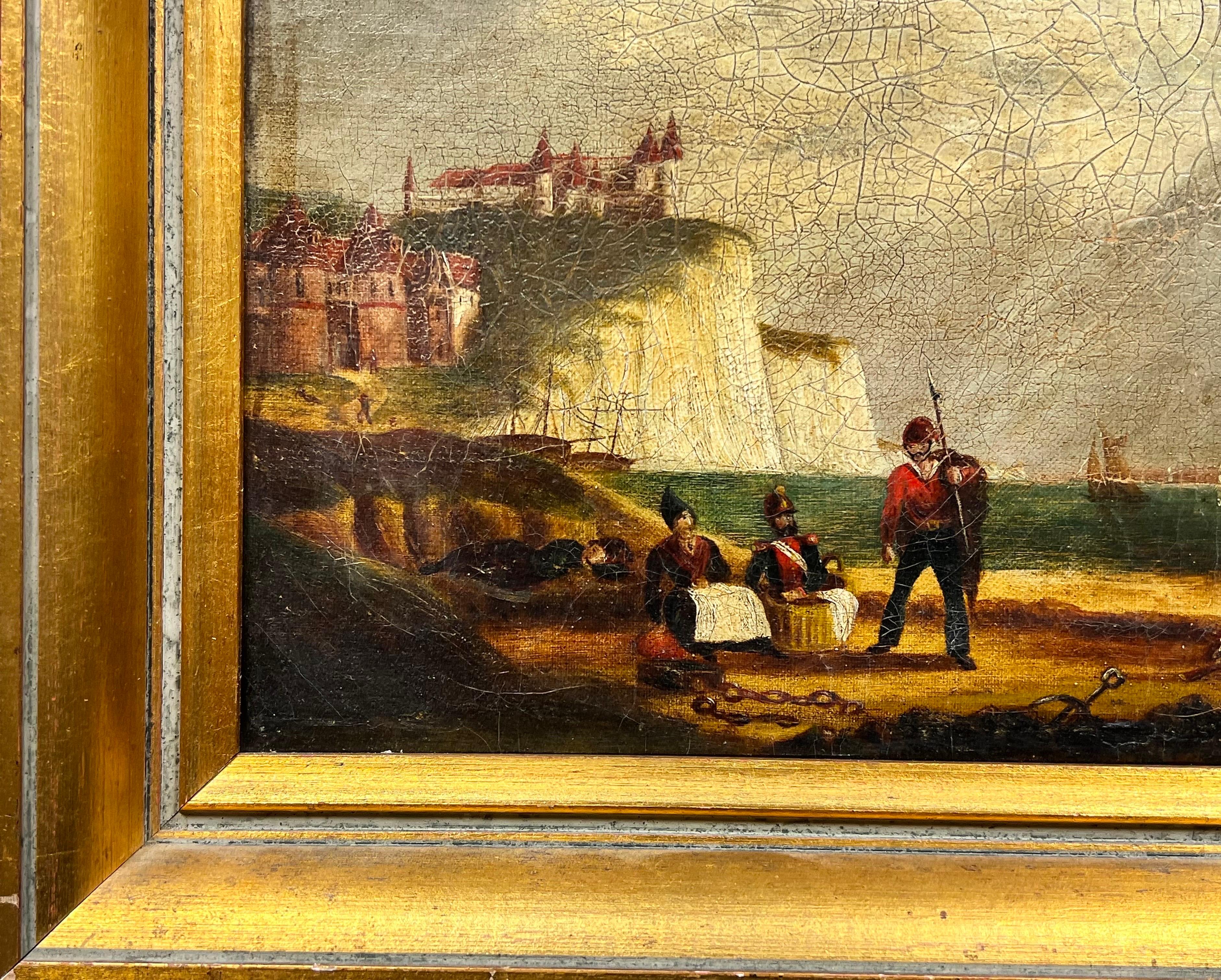 Guerres Napoléoniennes Période Marine 1800''s Peinture à l'huile Soldats sur la plage française - Victorien Painting par Antique English Marine