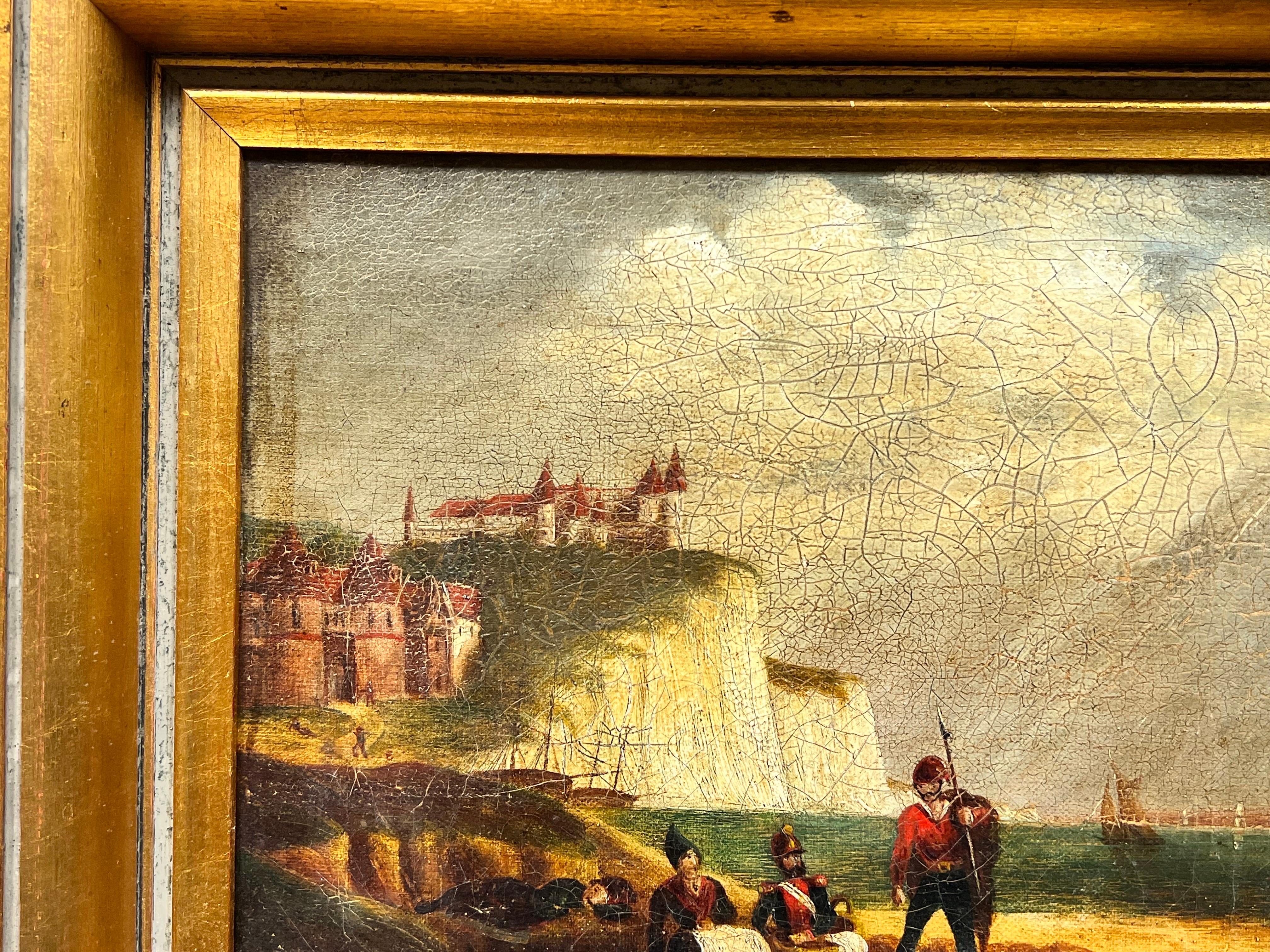 English School, circa 1800
Napoleonic Wars Period marine scene with soldiers on a French beach. 
oil on canvas, framed 
framed: 10.5 x 13 inches
canvas: 8 x 10 inches
private collection, UK
condition: The painting is in overall very good and sound