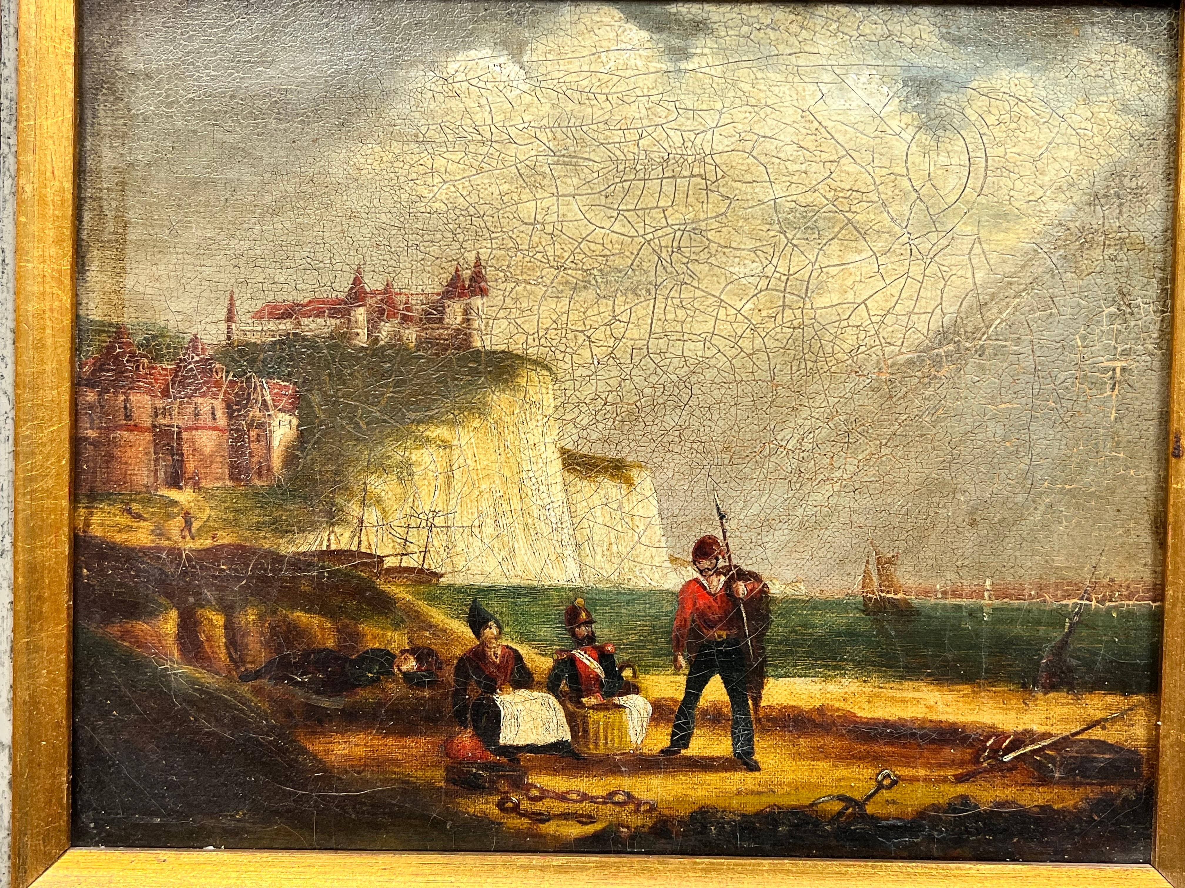 Napoleonic Wars Period Marine 1800's Oil Painting Soldiers on French Beach For Sale 1