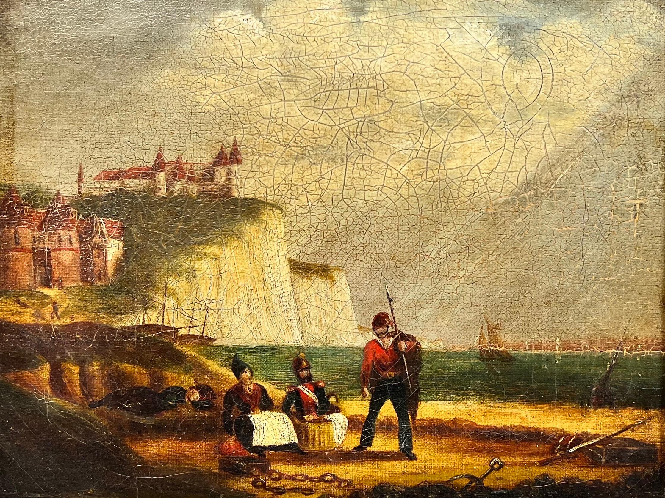 Landscape Painting Antique English Marine - Guerres Napoléoniennes Période Marine 1800''s Peinture à l'huile Soldats sur la plage française