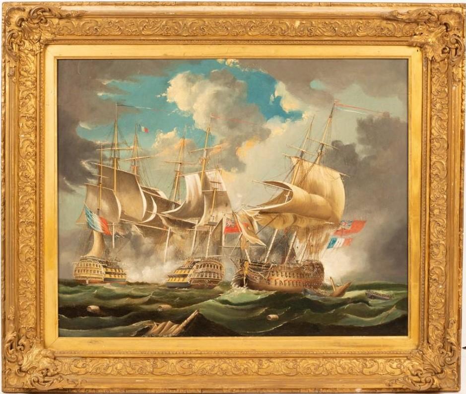 Antique English Marine Landscape Painting - The Battle of Trafalgar Large 19th Century British Oil Painting, large frame