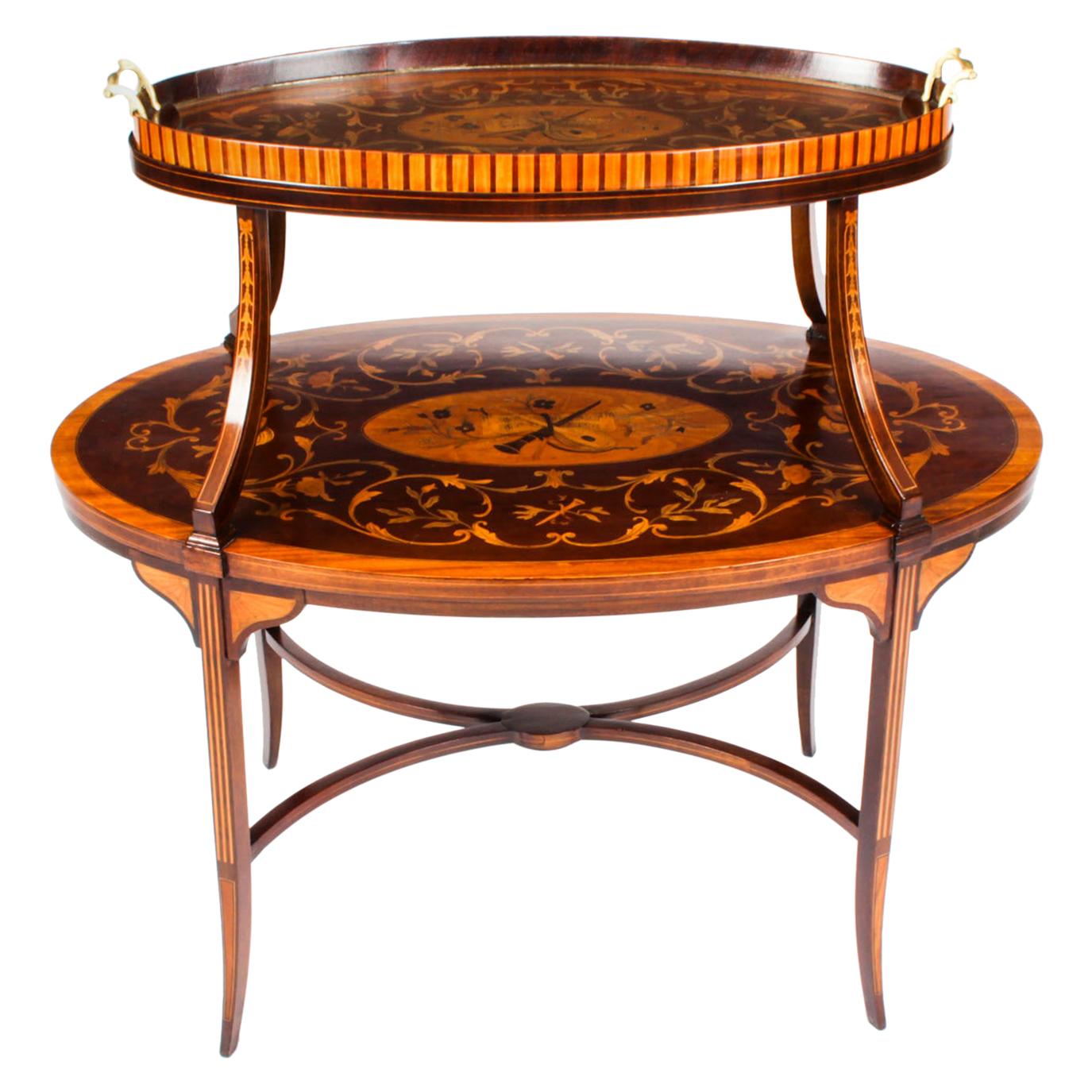 Ancienne table à plateau étagère en marqueterie anglaise, 19ème siècle en vente