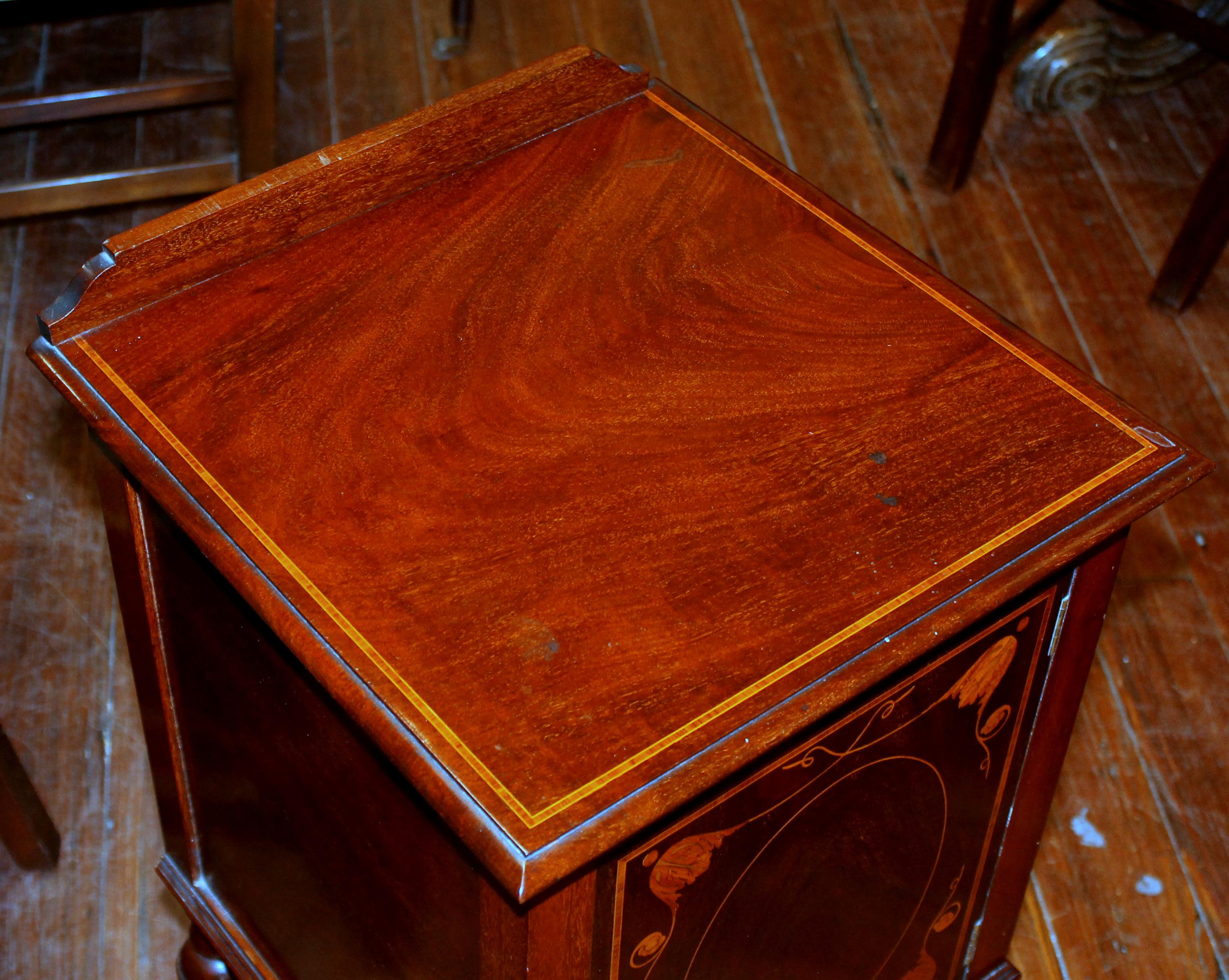 Antique English Marquetry Inlaid Mahogany Bedside / Chair-Side Cabinet 4