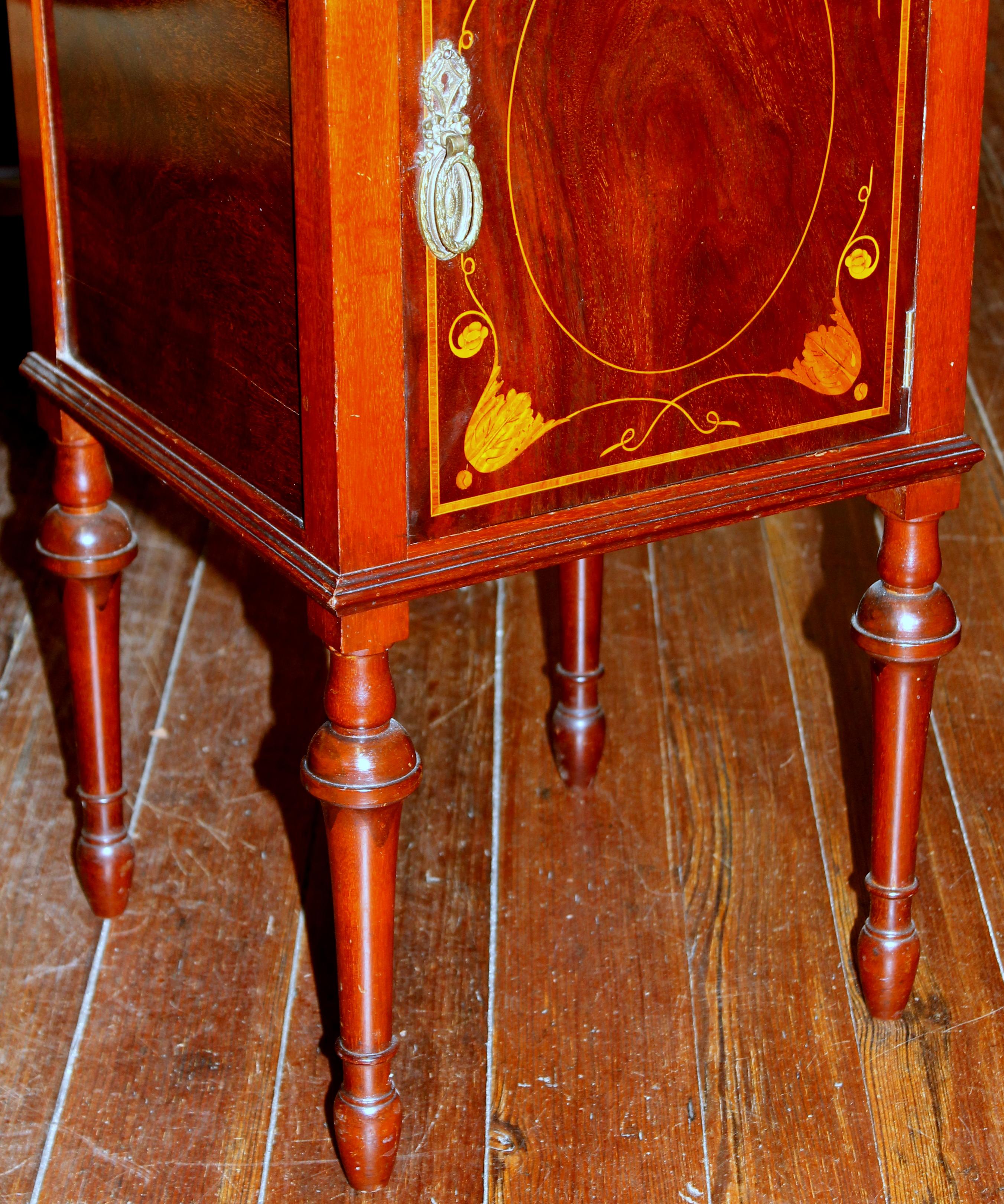 Antique English Marquetry Inlaid Mahogany Bedside / Chair-Side Cabinet 6