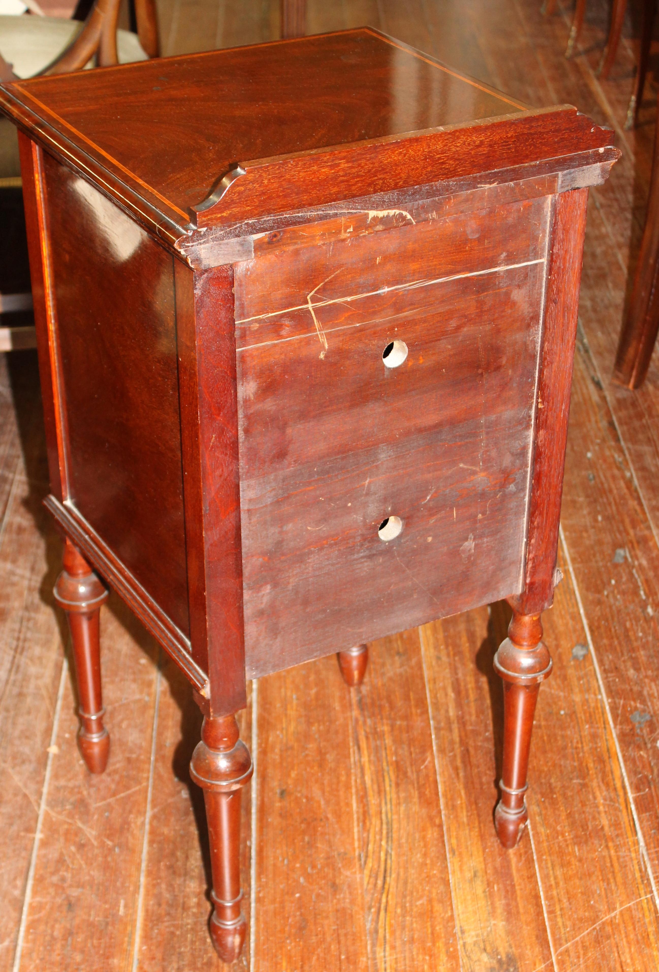 Inlay Antique English Marquetry Inlaid Mahogany Bedside / Chair-Side Cabinet