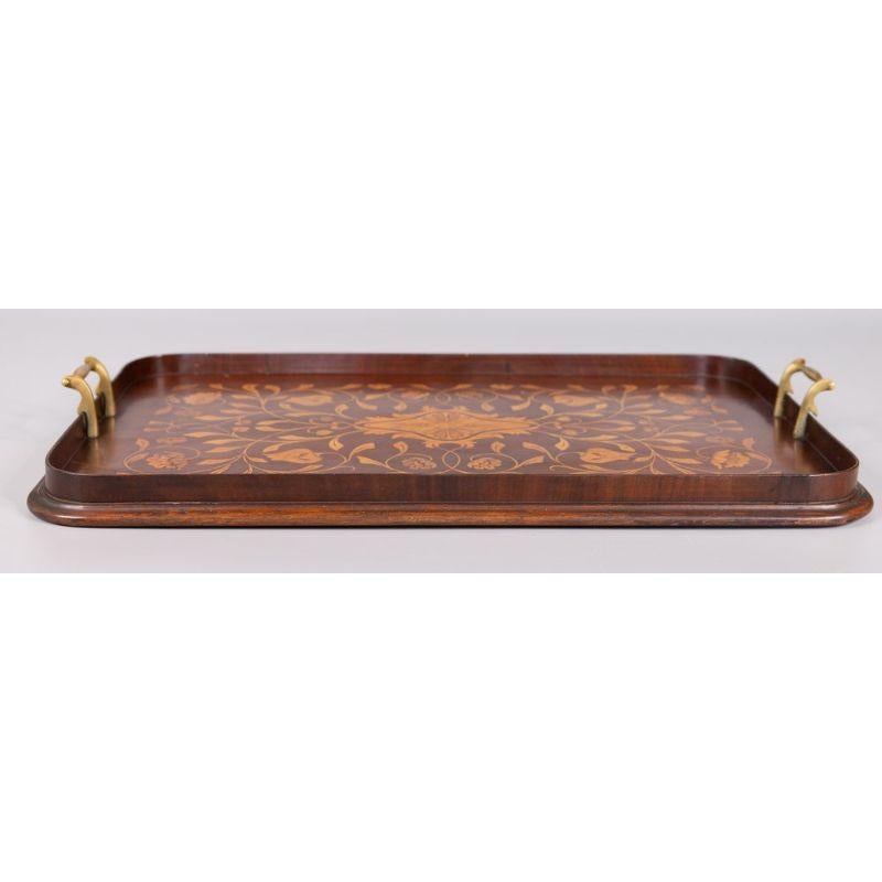 A superb large antique English Edwardian rectangular mahogany & satinwood inlay gallery serving tray, circa 1900. This fine tray retains the original surface and patina and has a lovely floral and foliate inlaid design with handsome brass handles.