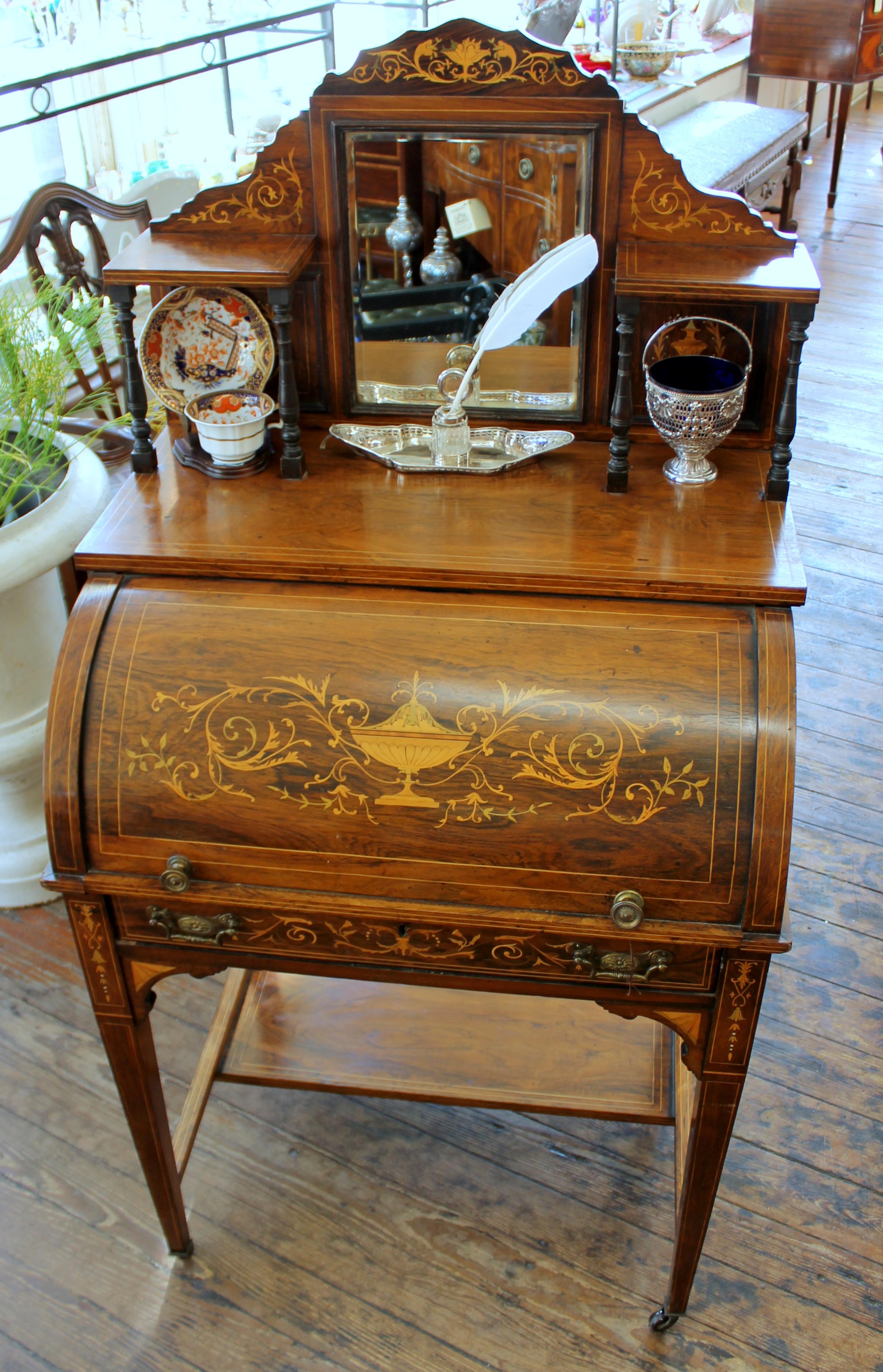 Antiker englischer Schreibtisch mit Intarsien aus Palisanderholz und Zylinderplatte für Damen 2
