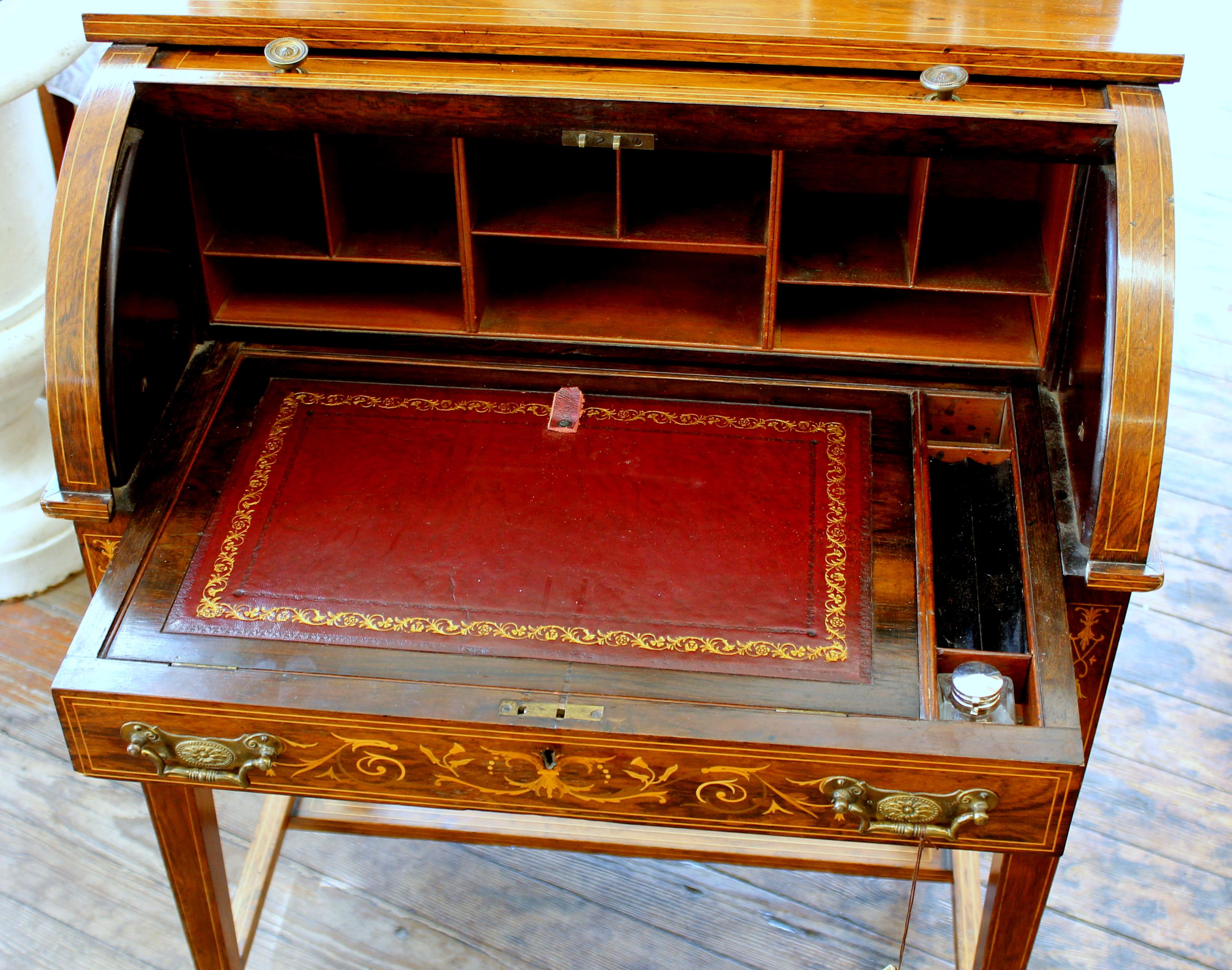 Antique English Marquetry Inlaid Rosewood Cylinder-Top Ladies Writing Desk 7