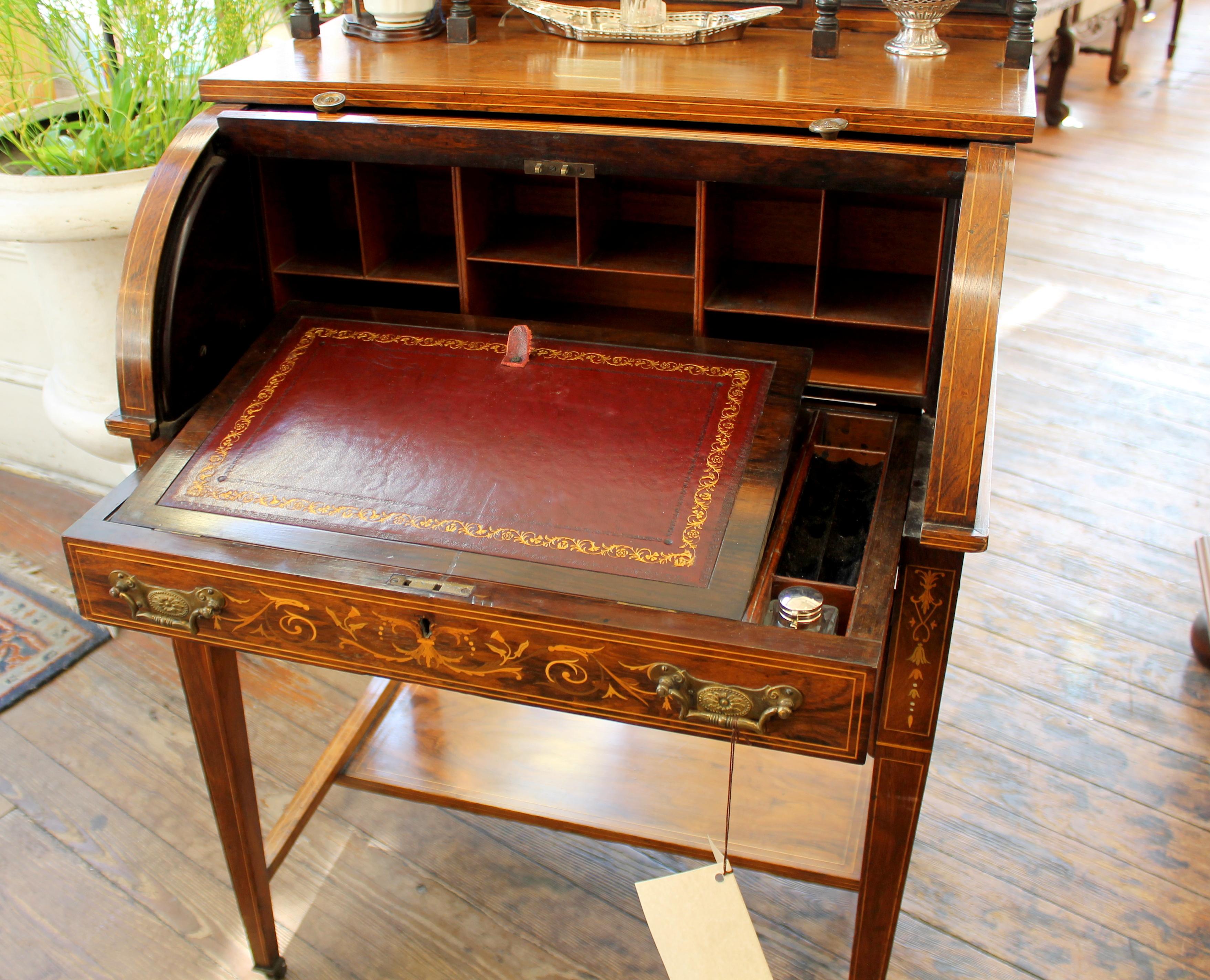 Antiker englischer Schreibtisch mit Intarsien aus Palisanderholz und Zylinderplatte für Damen 9