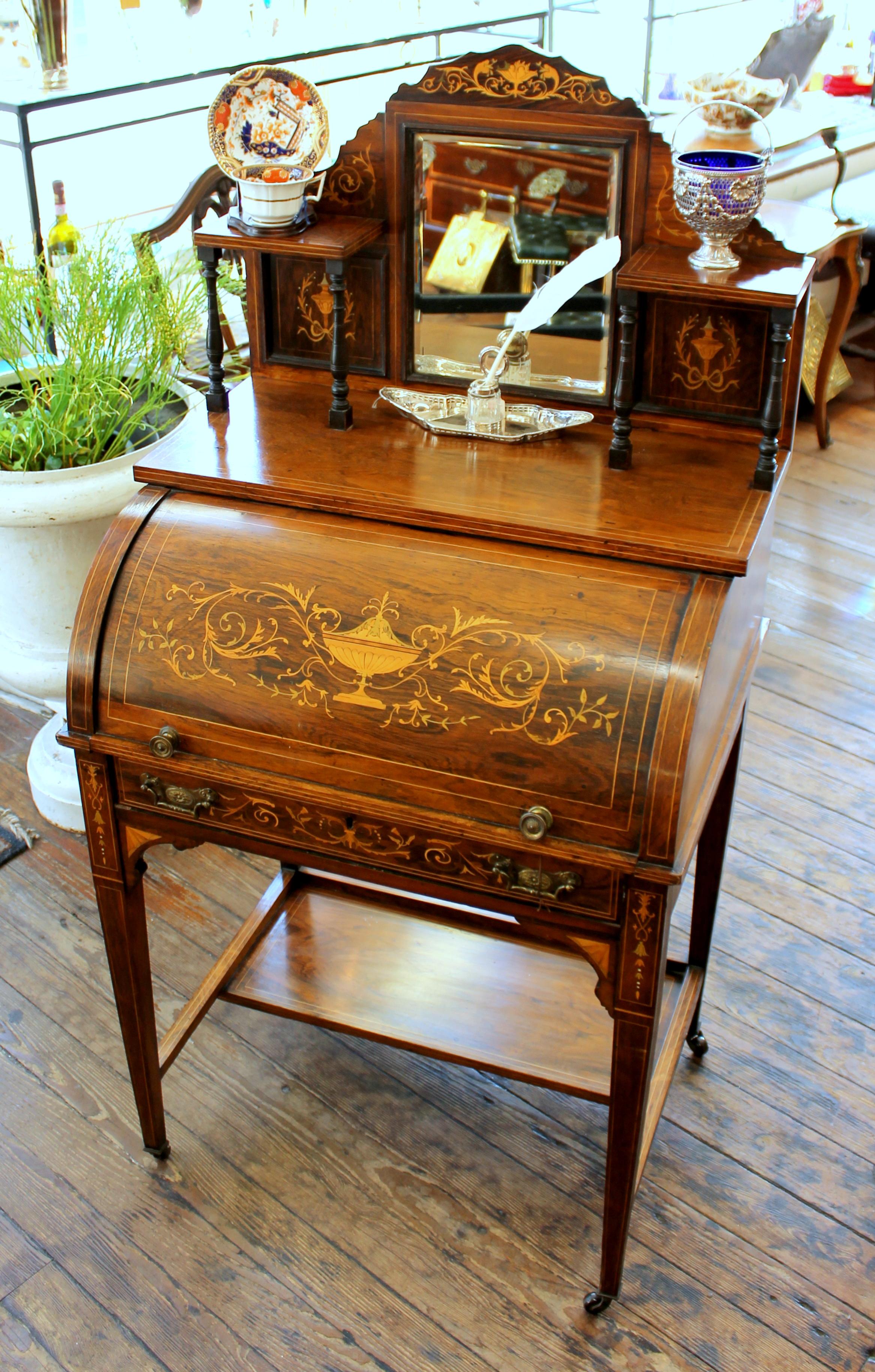 Adam Style Antique English Marquetry Inlaid Rosewood Cylinder-Top Ladies Writing Desk