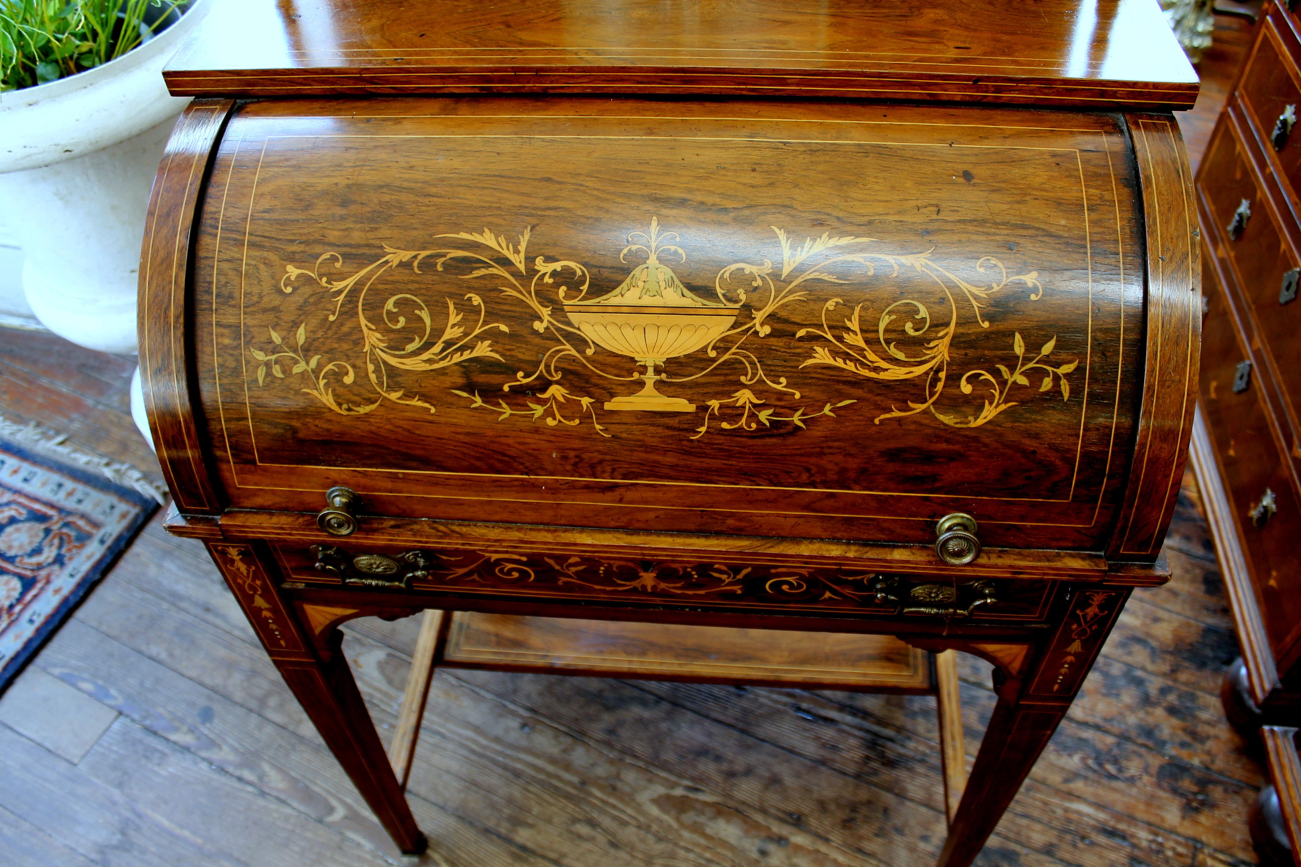 Hand-Crafted Antique English Marquetry Inlaid Rosewood Cylinder-Top Ladies Writing Desk