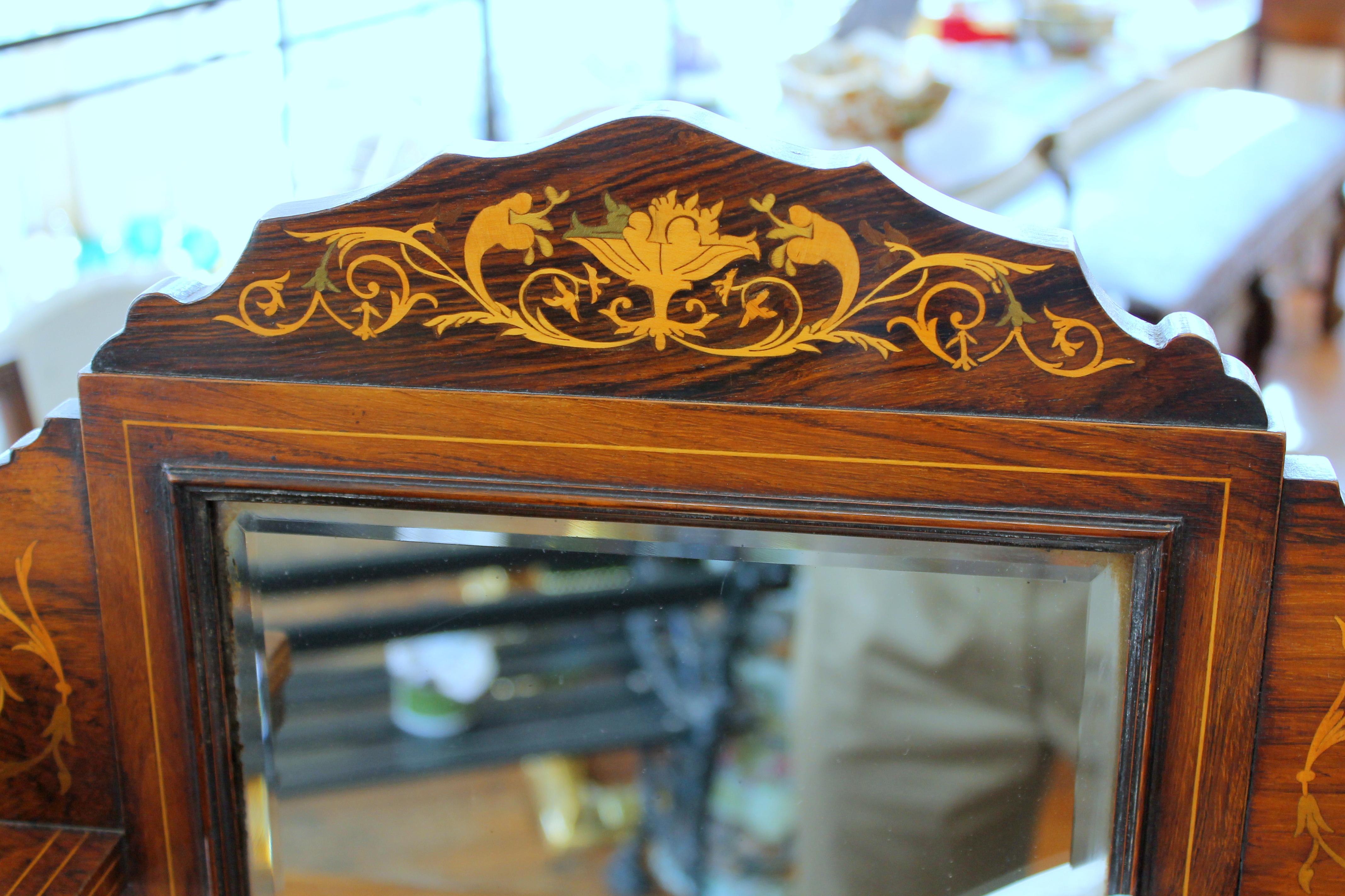 Antique English Marquetry Inlaid Rosewood Cylinder-Top Ladies Writing Desk In Good Condition In Charleston, SC