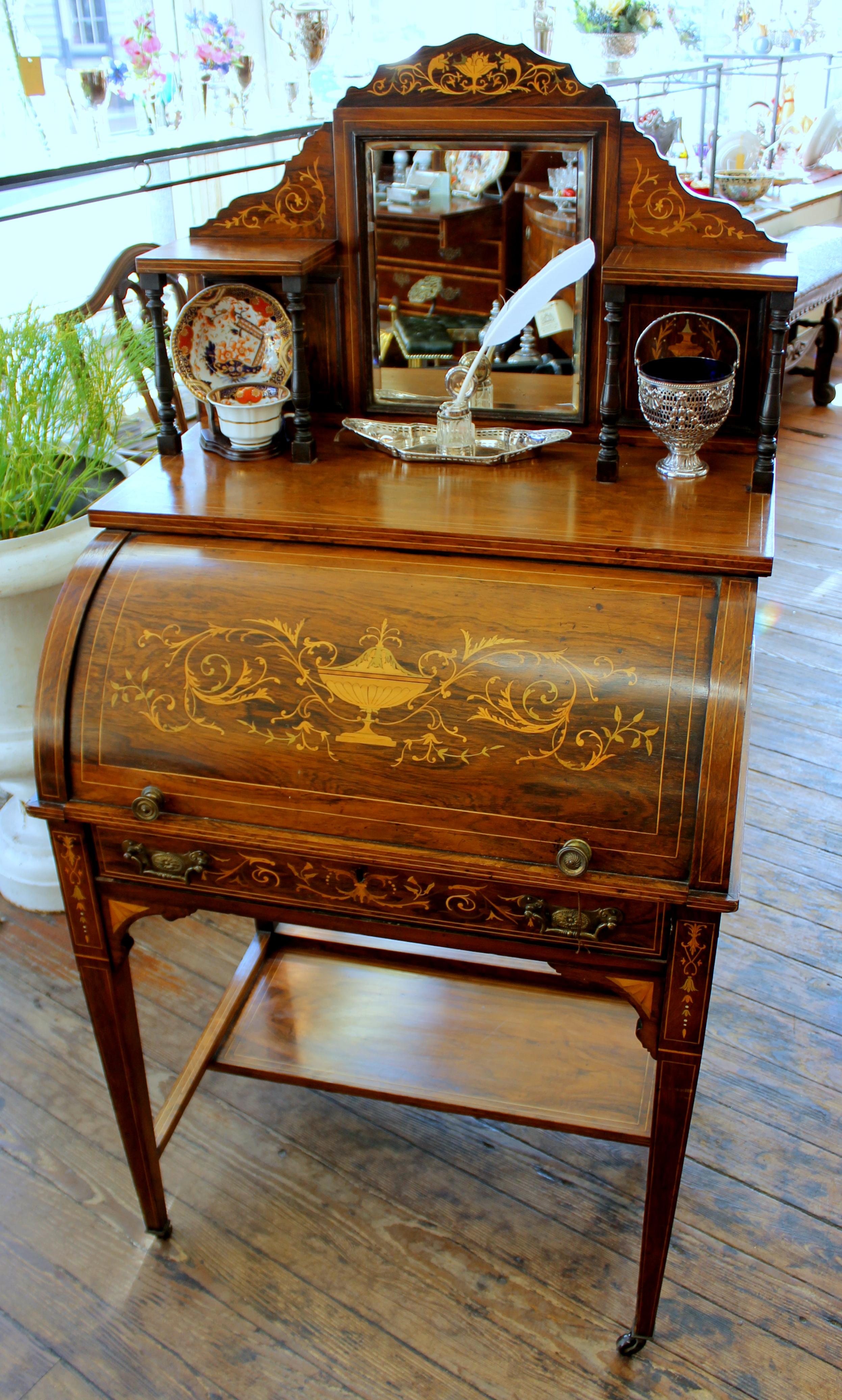 19th Century Antique English Marquetry Inlaid Rosewood Cylinder-Top Ladies Writing Desk