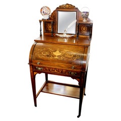 Bureau à écrire anglais ancien en marqueterie de bois de rose avec dessus cylindrique pour femmes