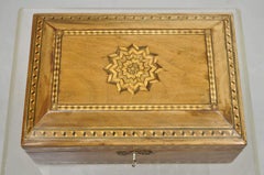 Antique English Marquetry Inlaid Wood Large Tea Caddy Lined in Metal Desk Box