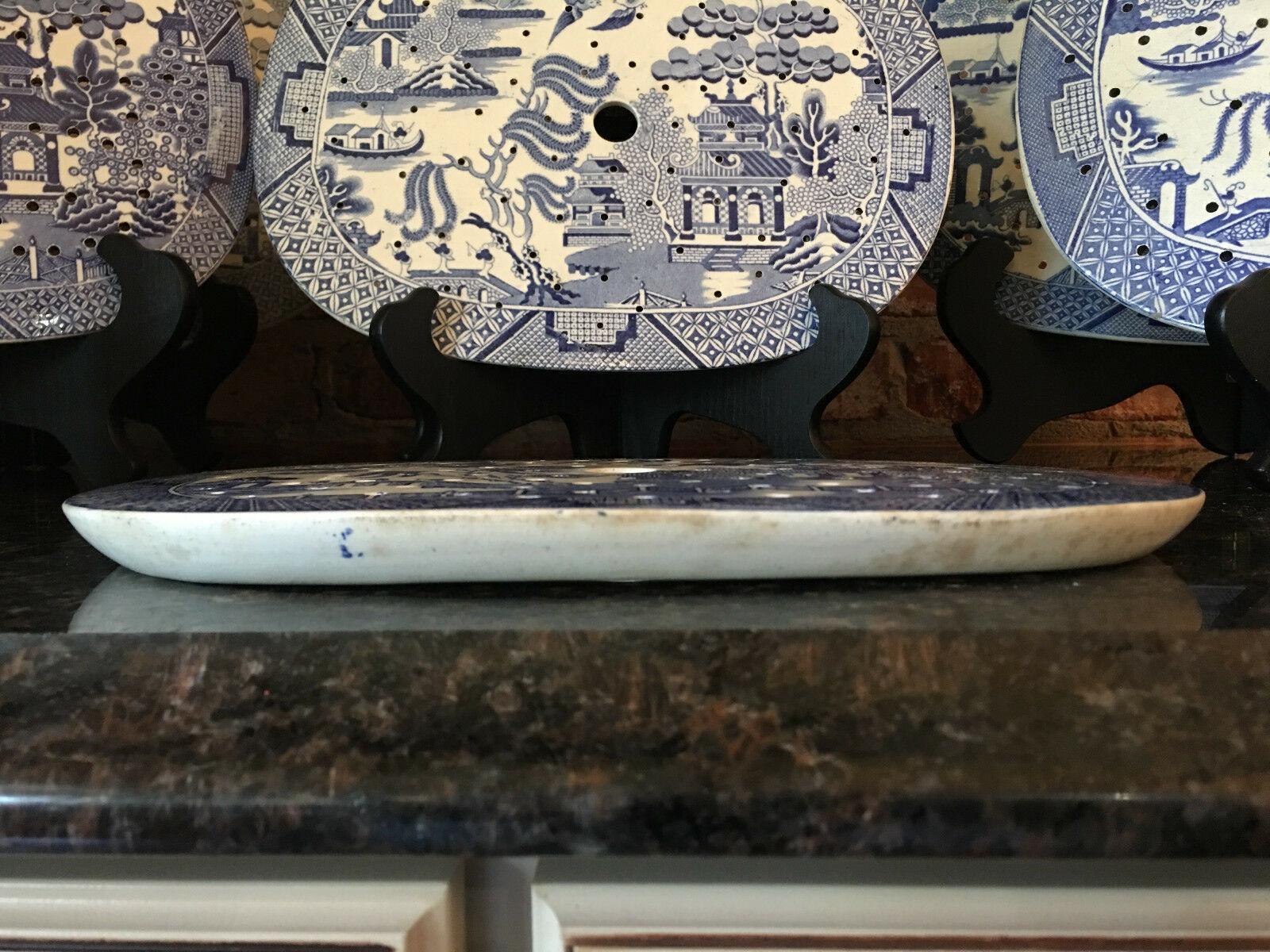 19th Century Antique English Meat Platter Drainer Blue Willow Transferware Oval Plateau #10