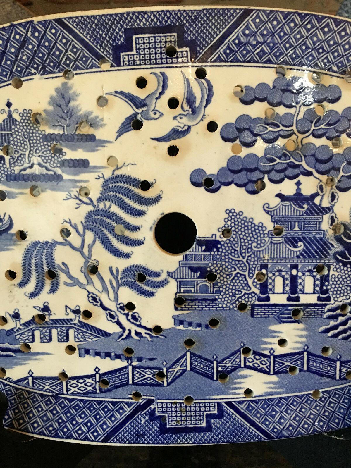 Glazed Antique English Meat Platter Drainer Blue Willow Transferware Oval Plateau #10