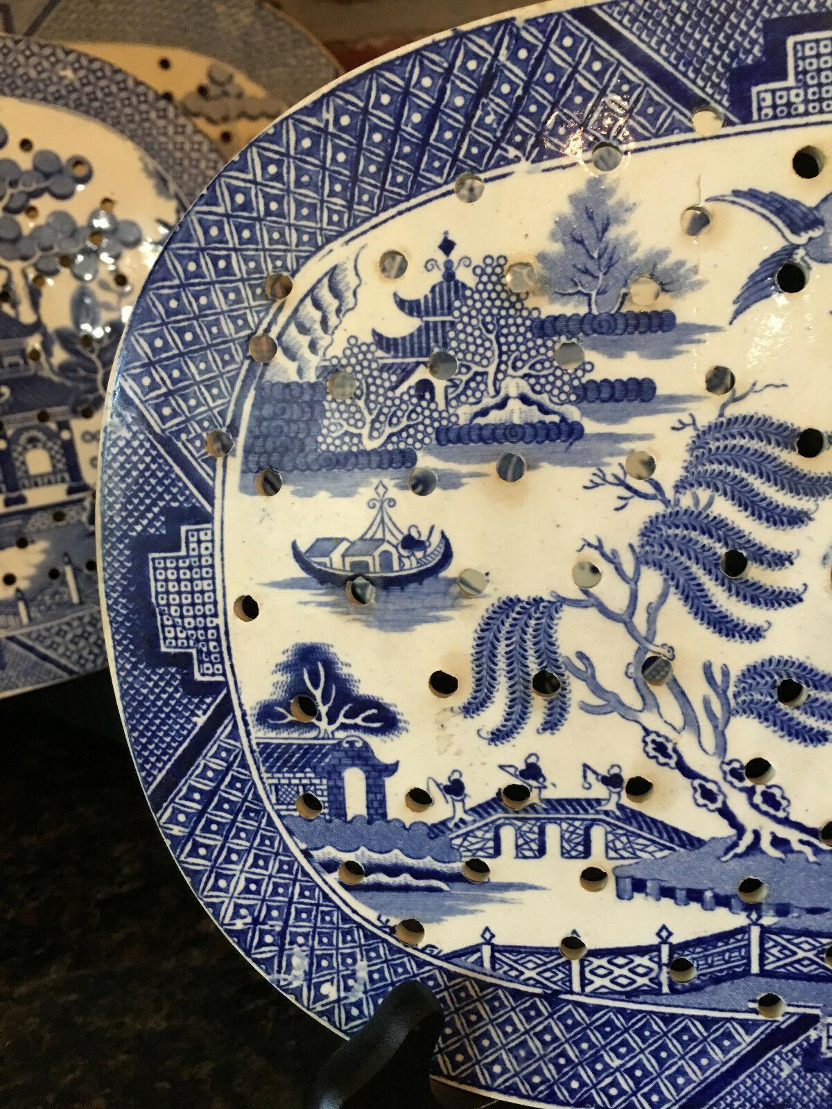 Glazed Antique English Meat Platter Drainer Blue Willow Transferware Oval Plateau #10