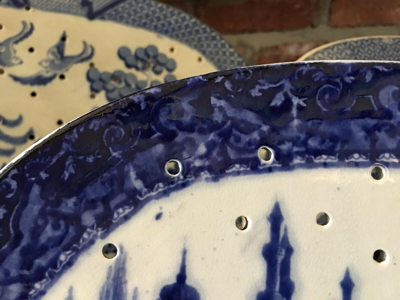 Antique English Meat Platter Drainer Flow Blue Victorian Transferware China 1