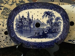 Antique English Meat Platter Drainer Flow Blue Victorian Transferware China