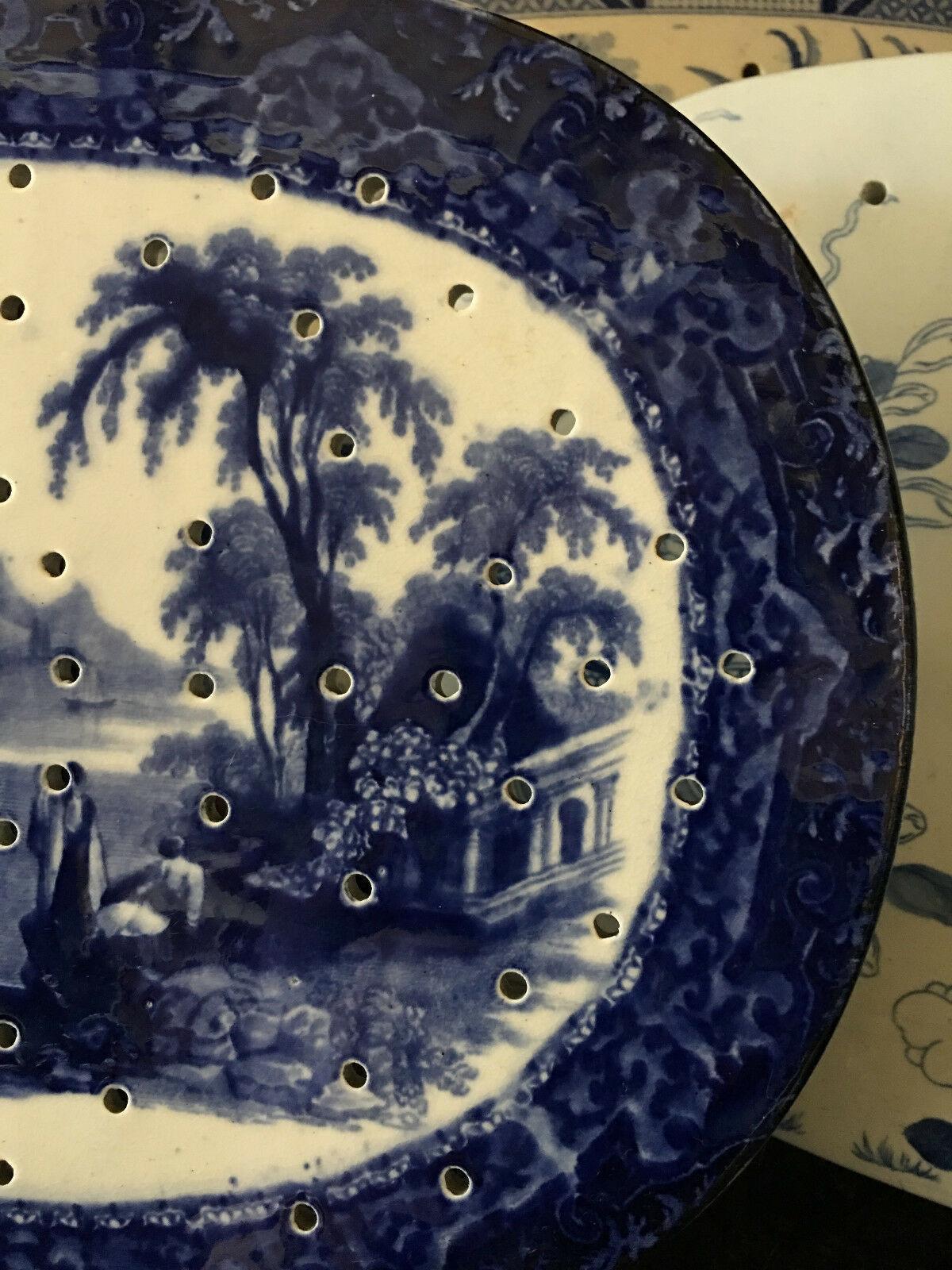 British Antique English Meat Platter Drainer Flow Blue Victorian Transferware China